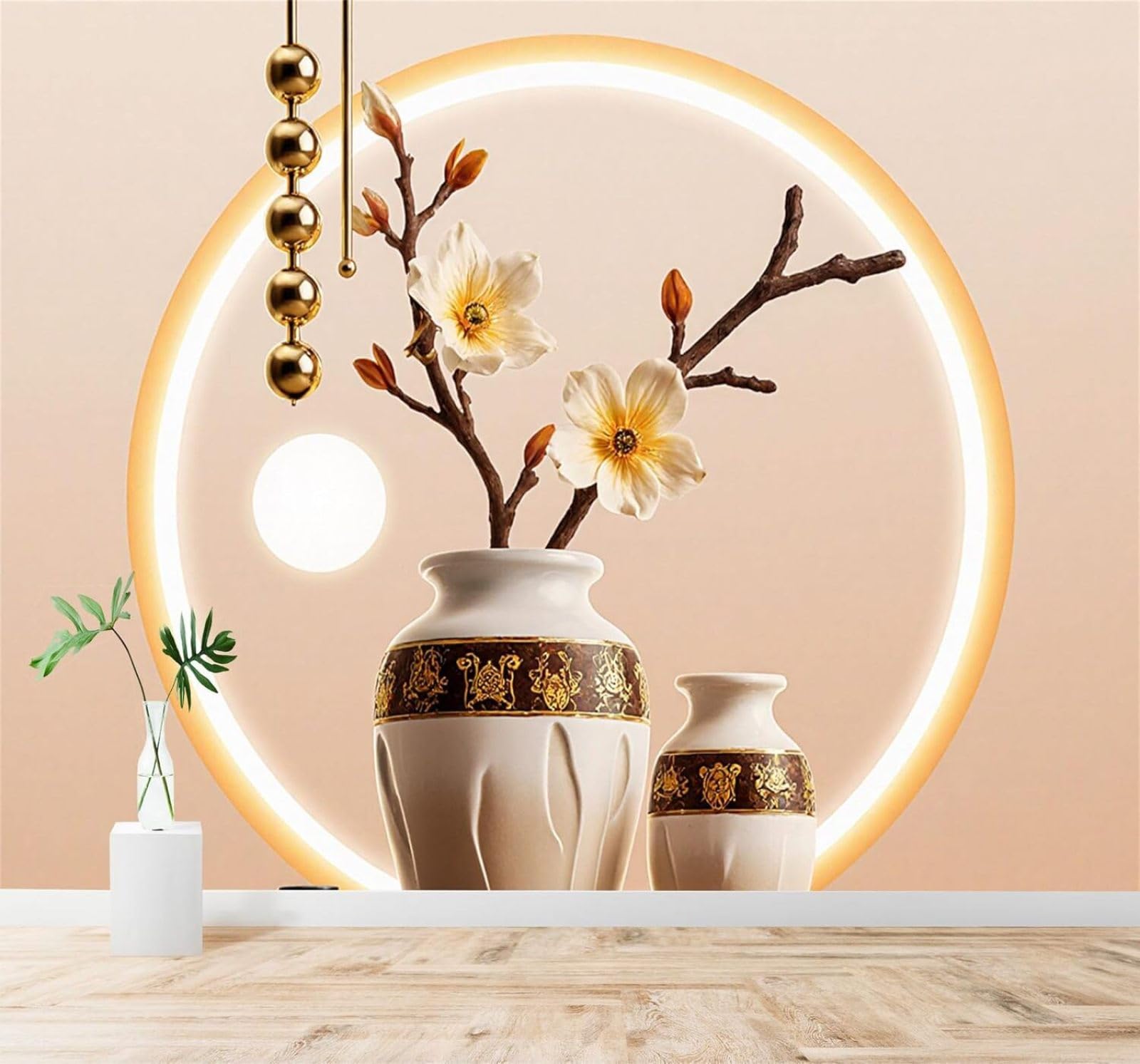 Xlming 430Cm×300Cm(B×H) Minimalist Elegant Ceramic Vase With Magnolia Flowers And A Golden Halo 3D Wallpaper Silky Texture Home Study Office Grey Dining Room Sofa Bedroom Living Room Tv Backdrop-430Cm×300Cm