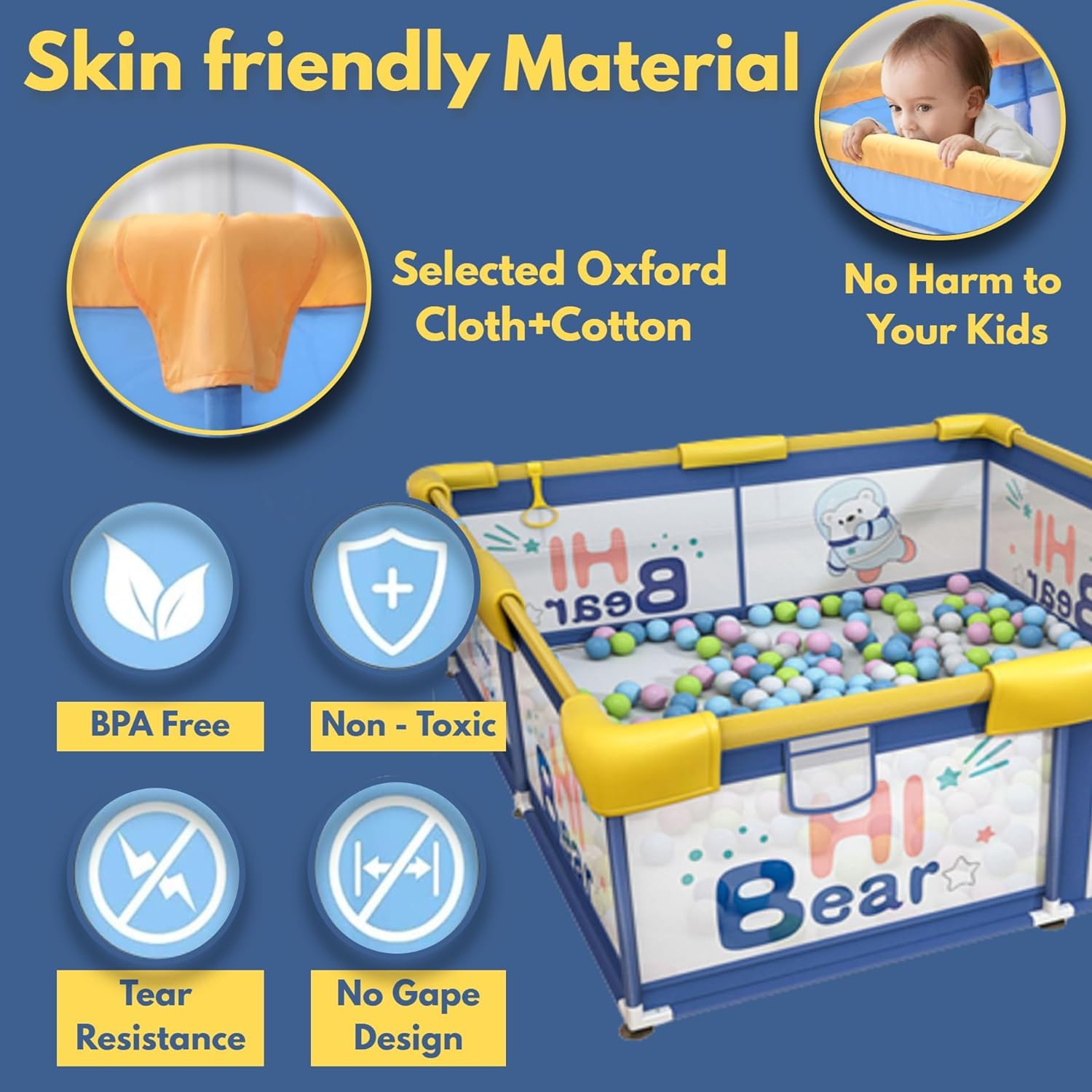 Careopeta 180 * 120 Cm Playpen for Babies Upto 5 Year Baby Fence Play Area Children Activity Play Yard for Kids Baby Play Area Indoor Setup Living Room Todldler Infant Play Pen Mesh with Balls(Blue) - Image 5 thumbnail