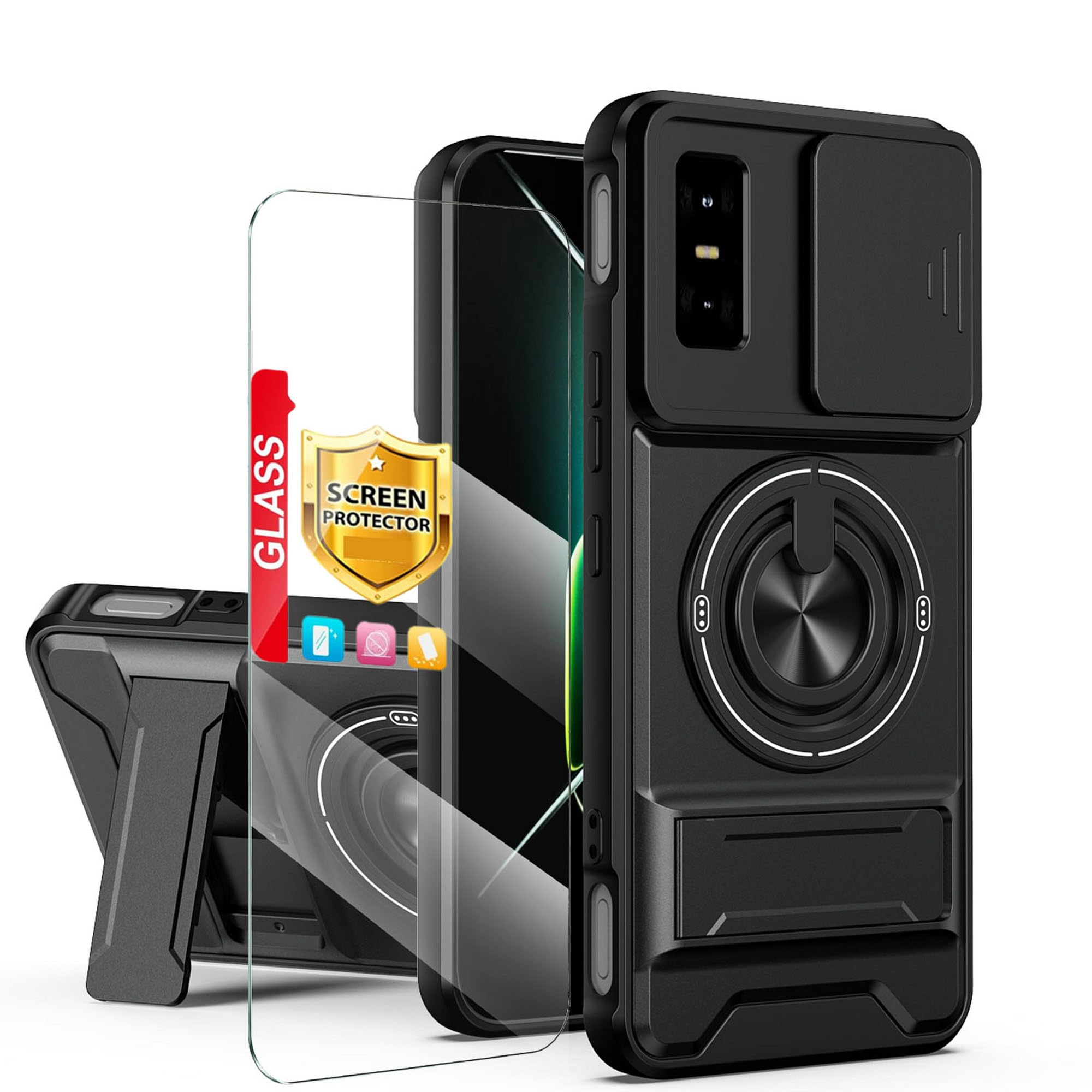 Compatible with Infinix GT 30 Pro/Infinix GT 30 Case [with 1*Screen Protector][2-in-1 Slide Camera Cover, Magnetic Kickstand Design][Shockproof Phone case] Black