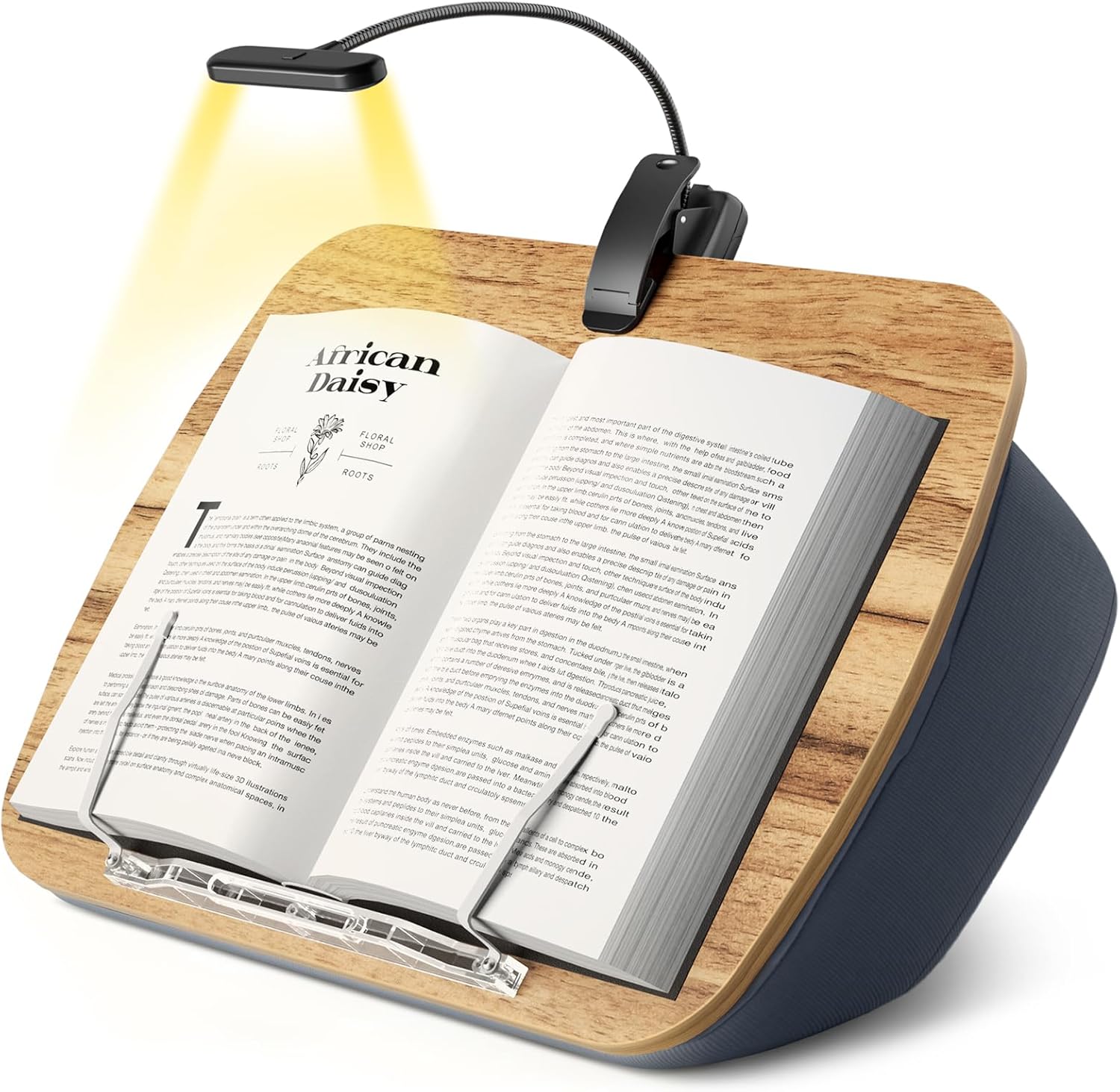 Reading Book Pillow Stand with 3-Color Adjustable Book Light, Book Holder for Reading Hands Free in Bed,Lap Beanbag Book Stand,Wooden Surface,AAA Battery Required,Ideal Gift for Book Lovers
