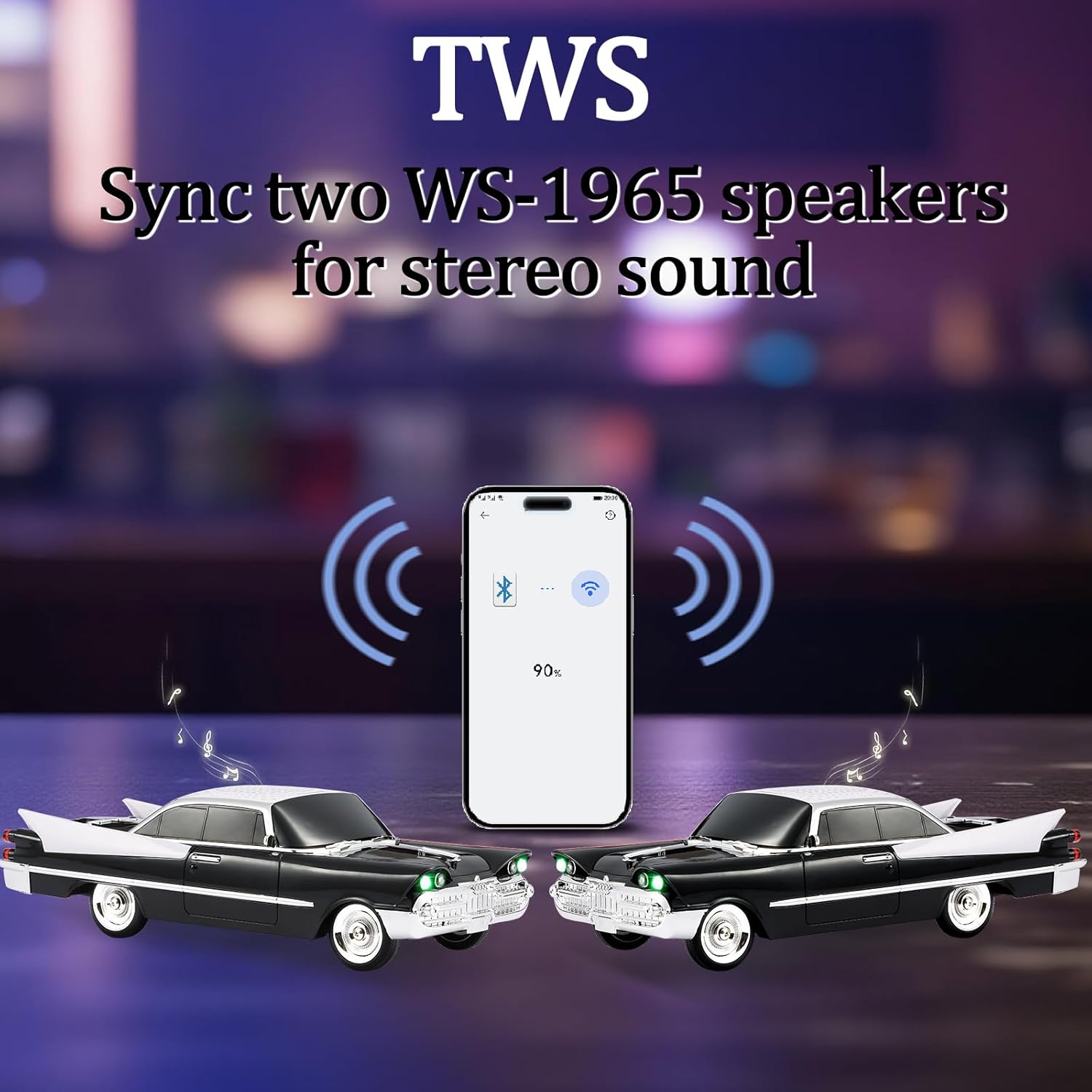 Two WSTER WS-1965 Bluetooth Replica Speakers paired via TWS