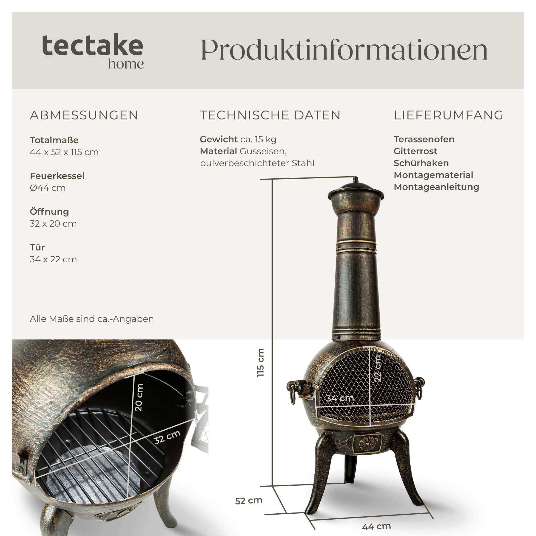 tectake® Vintage Outdoor Terrassenofen, Gartenofen aus Gusseisen, Raketenofen, Aztekenofen mit Funkenschutz, Grill Rost und Schürhaken, Gartendeko Kamin, Deko für Terrassen oder Balkon, Kaminofen