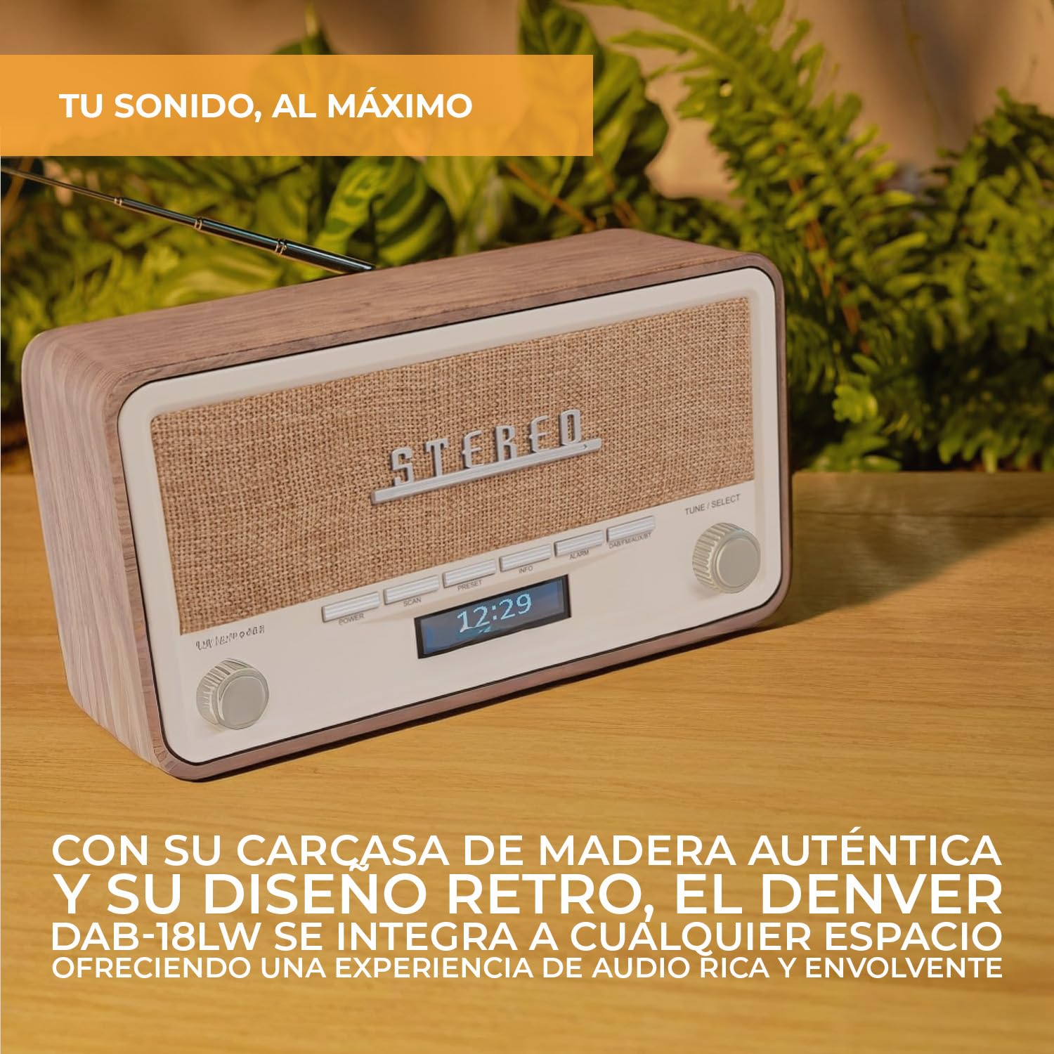 Denver DAB-18 Radio Dab+/FM Bluetooth, AUX, Reloj Despertador, Pantalla LCD, Acabado Madera Clara