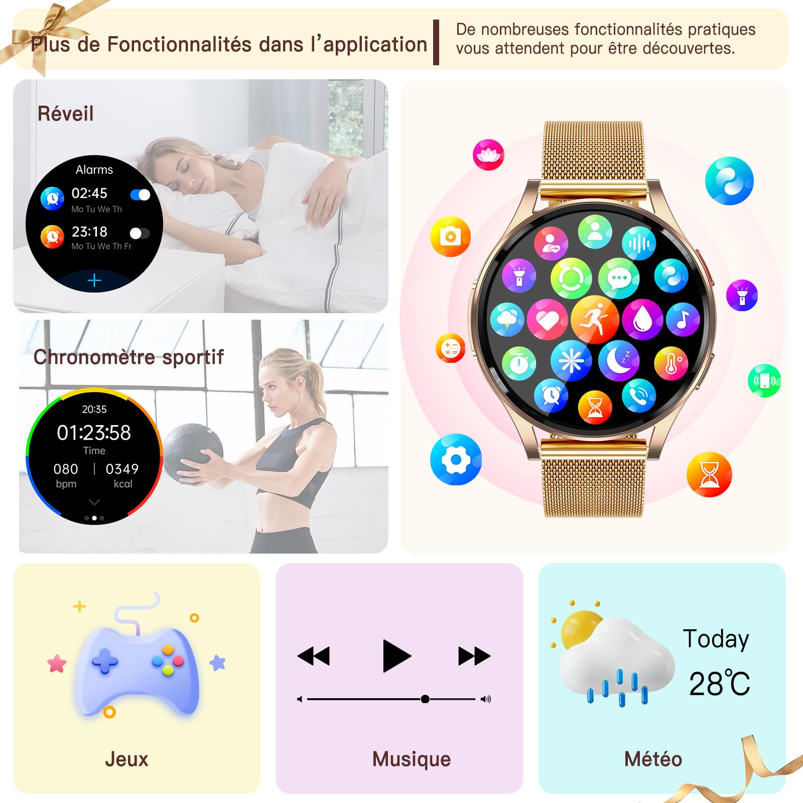 2026 Montre Connectée Femme avec ECG+HRV/IMC, 1,43" AMOLED Smartwatch avec Fonction Féminine, 24H Pressιon artérιelle/Fréquence Cardiaque/SpO2/Sommeil Monitor, IP68 Étanche pour Android iOS