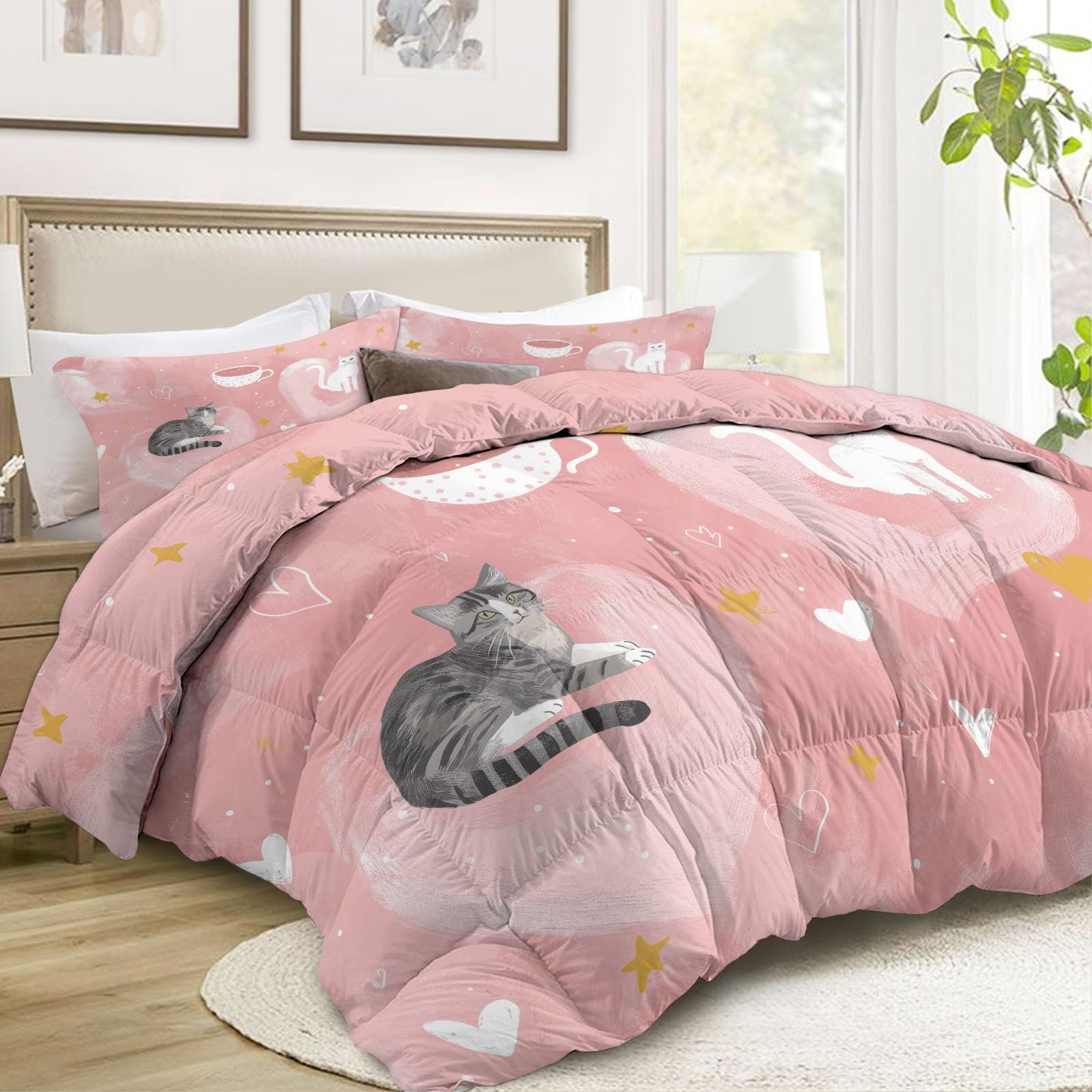 Générique Pikowana kołdra 200 x 200 cm fantastyczne zwierzęta koty z nadrukiem Kołdra bez rękawów, jasnoróżowe kołdry 4 pory roku dla 2 osób, można prać w pralce Kołdra i 2 poszewki na poduszki