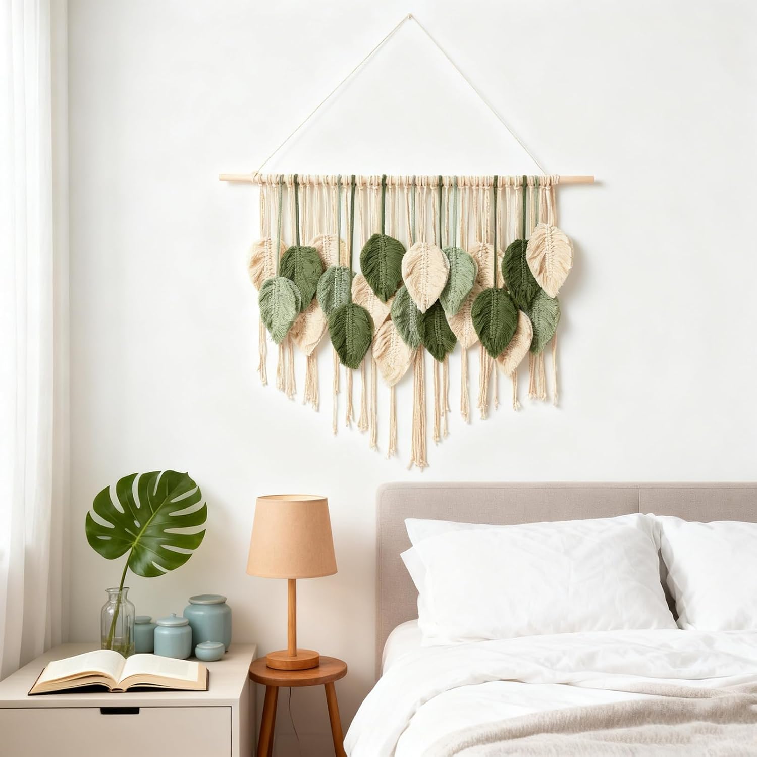 Macrame Wall Hanging Boho Wall Tapestry Handmade Woven Leaf Wall Decor Crochet Wall Art for Home Office Apartment (Green, 39.4" W x 31.5" L)