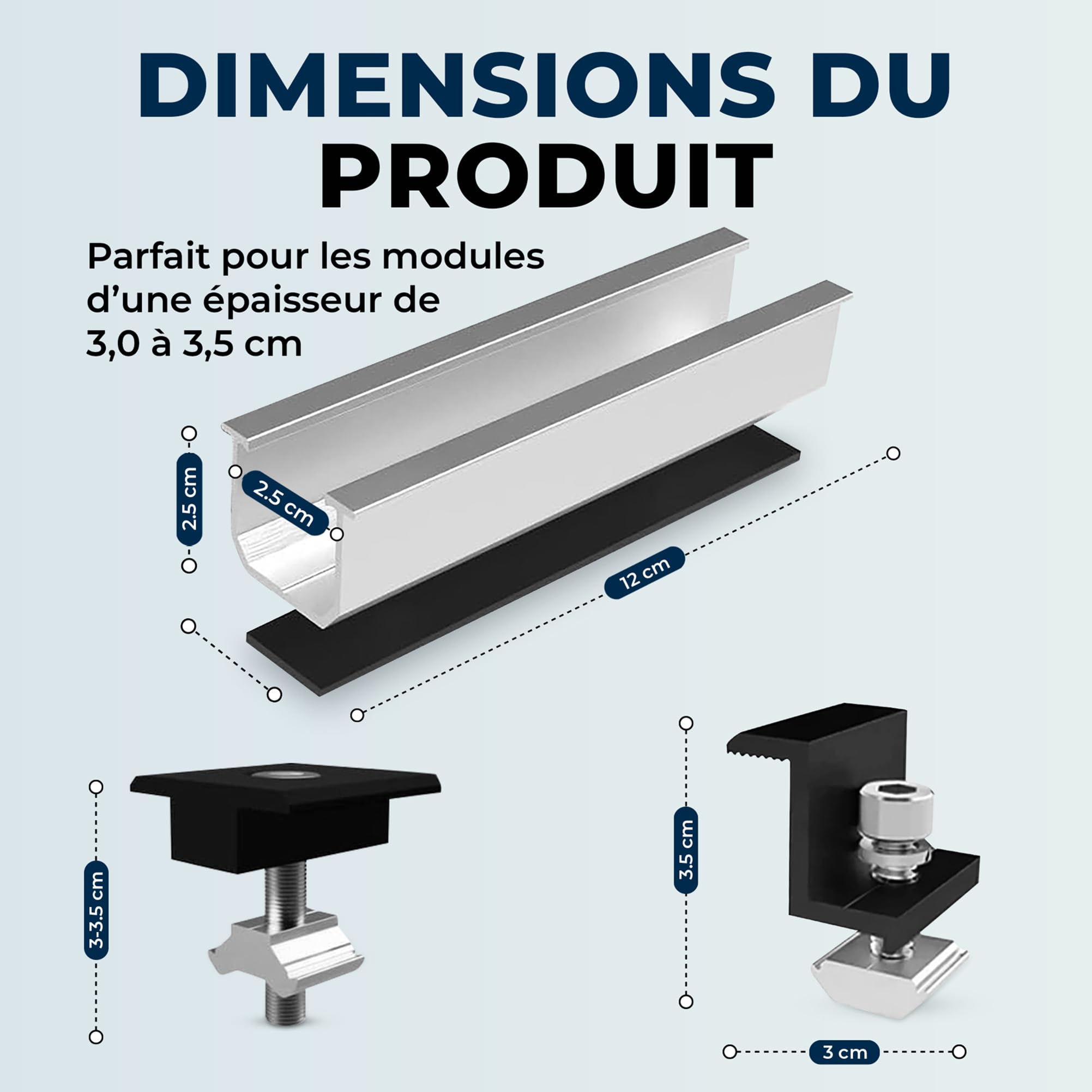 Kit de Montage pour Panneau Solaire - Rails de 12 cm, Support Réglable en Aluminium pour Toit en Métal ou Plat, Noir, pour Panneaux Épais 30-35 mm