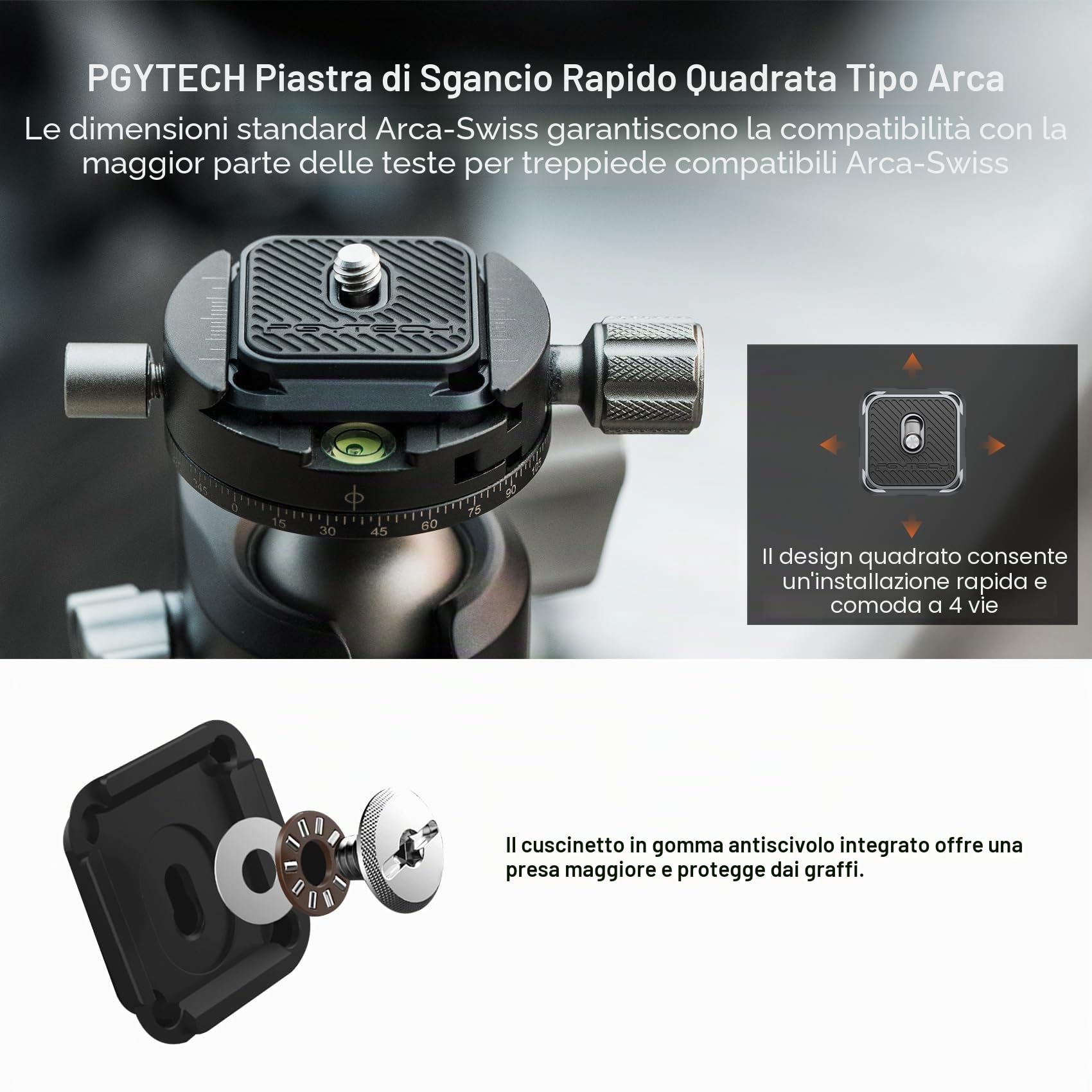 PGYTECH Piastra & Morsetto Arca-Swiss V2 a Rilascio Rapido, con Filettatura 1/4"-3/8" per Sony/Nikon/Fuji/DJI Passaggio tra Treppiedi/Gimbal/Slider/Stabilizzatori (Morsetto + Piastra)