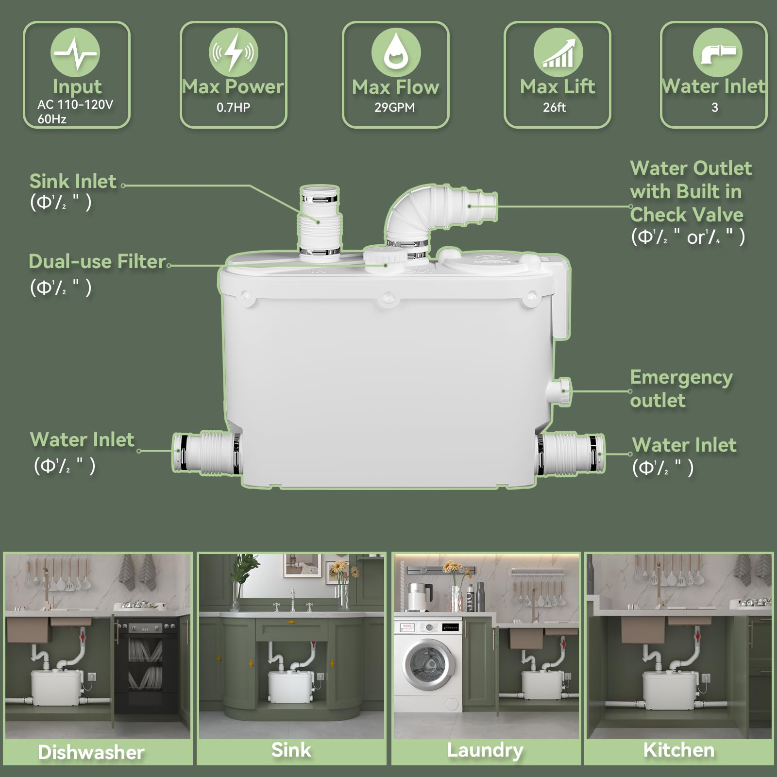 Bomba maceradora para debajo del fregadero, 8 m vertical/100 m horizontal, clasificación IPX4 | Bomba amoladora silenciosa de cobre con diseño compacto para ducha y lavadora, sistema de descarga de agua gris