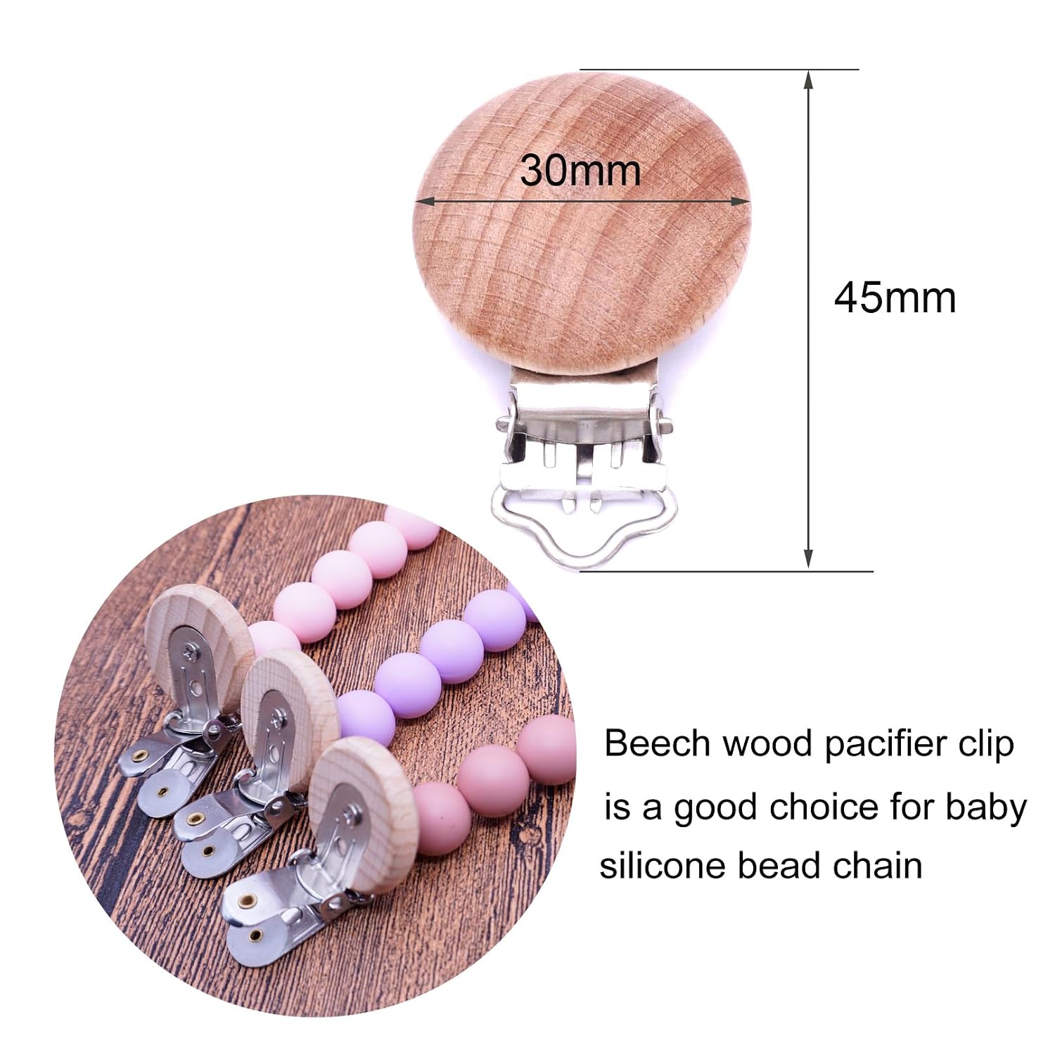Natural Beech Wood Round Pacifier Clips Silicone Pacifier Holder Suspender Clips Sutoyuen Wood Pacifier Clip Holder Charm for DIY Babies Dummy Chain Accessories 30 Pieces (Without Hole)