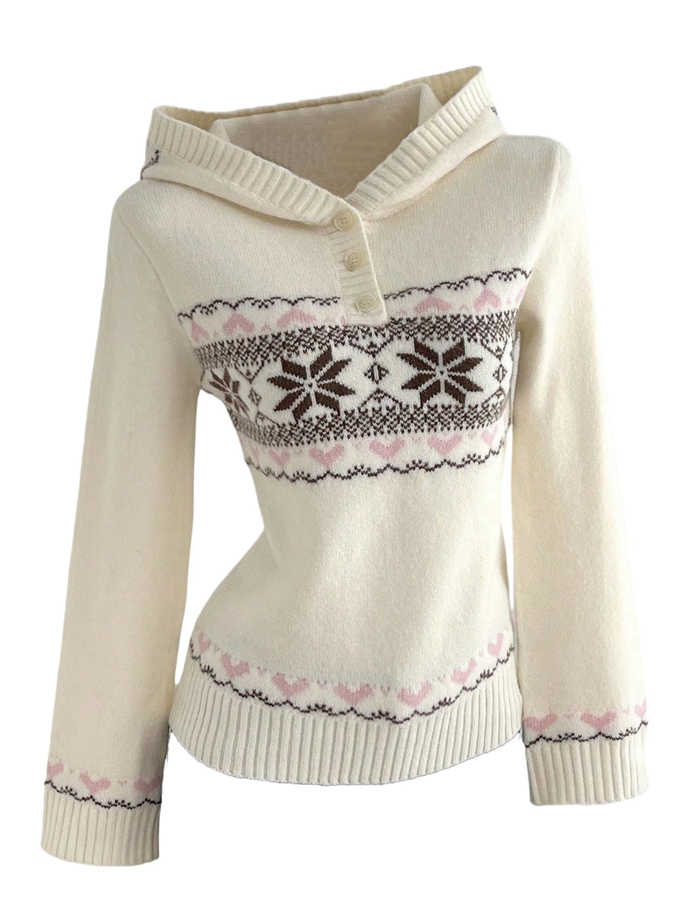 Milumia Womens Heart Print Hooded Sweater Long Sleeve Ribbed Knit Casual Pullover Hoodies
