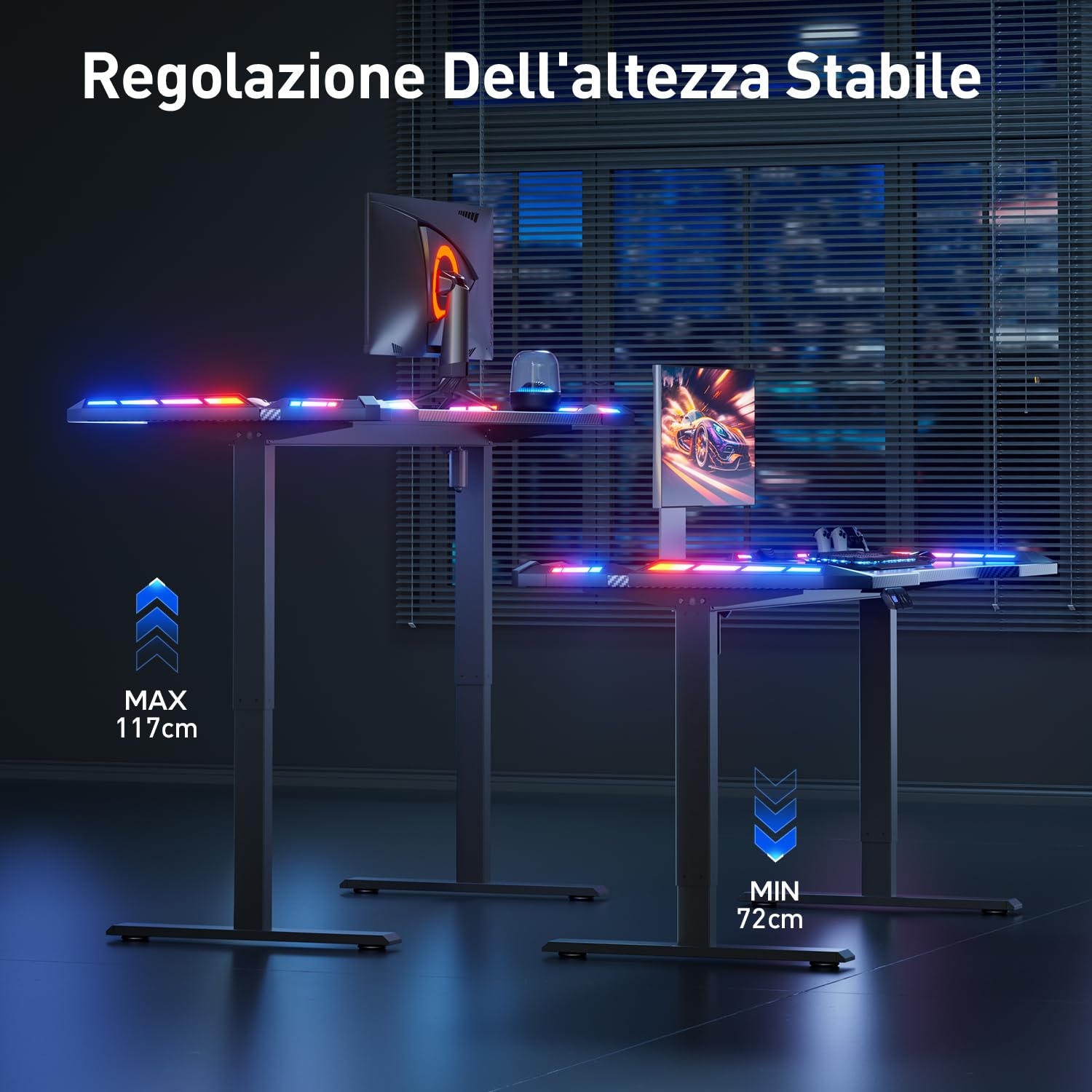 HLFURNIEU Scrivania Gaming LED 120 x 60 cm, Scrivania Regolabile in Altezza, con 2 Controlli Memoria, Altezza Aegolabile, Superficie in Fibra di Carbonio, Facile da Montare, Nero