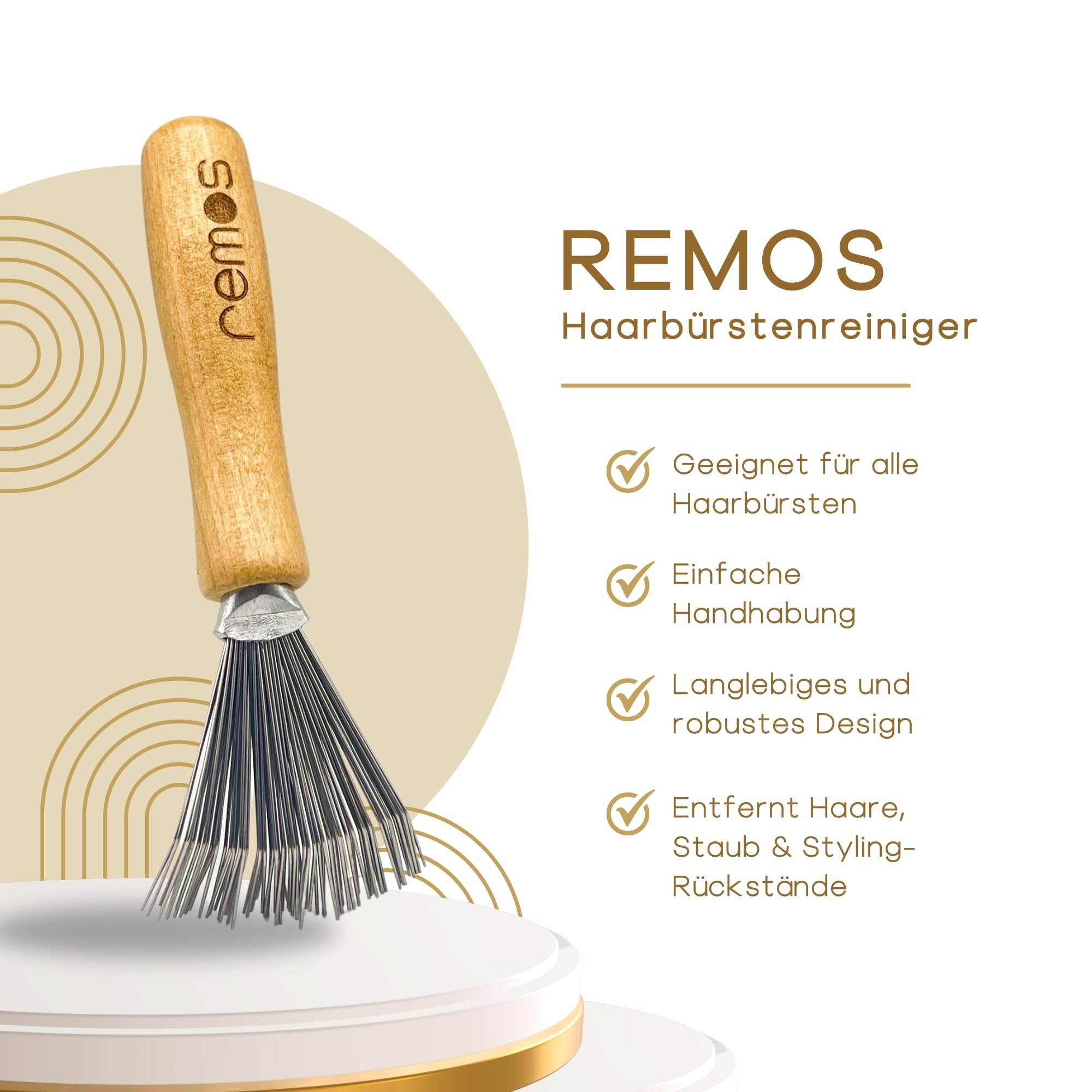 REMOS - Detergente per spazzole in legno, efficace strumento di pulizia per spazzole per capelli, zincatura in metallo durevole, manico ergonomico in legno, facile da pulire e da usare