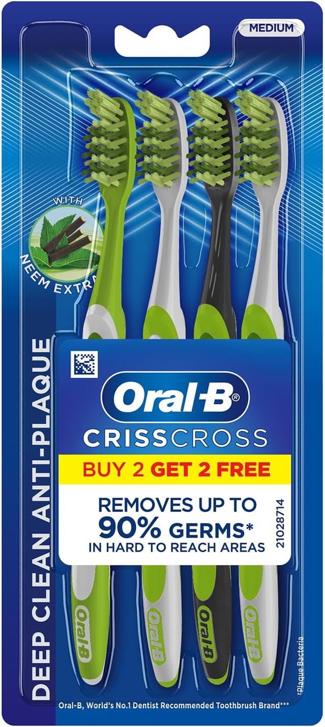 Oral-B Criss Cross Adult Manual Toothbrush With Neem Extract, Medium (Buy 2 + 2 Free), Green