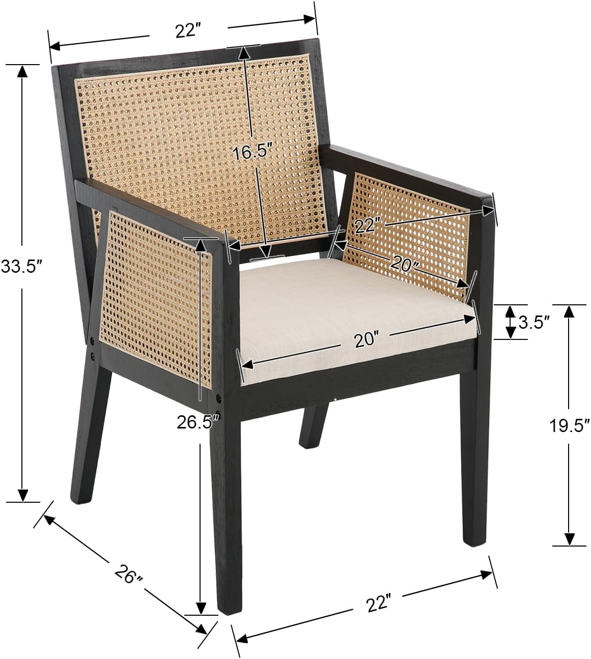 HNY Farmhouse Rattan Dining Chairs Set of 2, Mid Century Modern Upholstered Dining Chairs, Wooden Linen Kitchen & Dining Room Armchairs Accent Chairs with Cane Back and Black Hardwood Frame, Beige