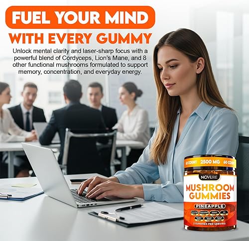 Miniatura 5 de Gomitas de hongos de 2500 mg, mezcla 10 en 1 con melena de león, cordyceps, cola de pavo, reishi, shiitake, chaga, maitake, zinc, vitamina C y B,