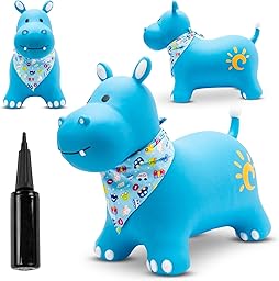 sun baby Saltador Hinchable para Niños hasta 45 Kg sin BPA, de 1 año, Pelotas saltarinas para niños (Hipopótamo Azul con pañuelo)
