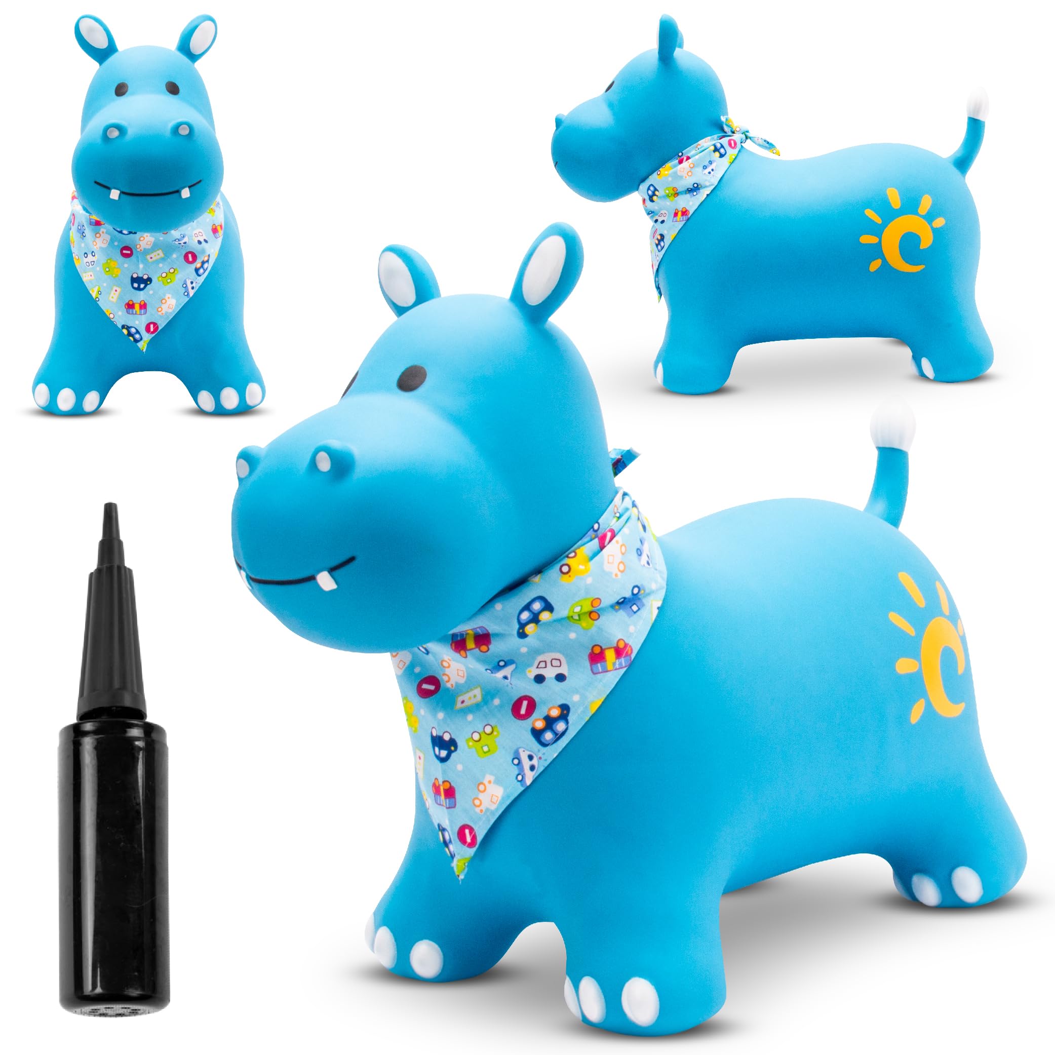 sun baby Saltador Hinchable para Niños hasta 45 Kg sin BPA, de 1 año, Pelotas saltarinas para niños (Hipopótamo Azul con pañuelo) - 1