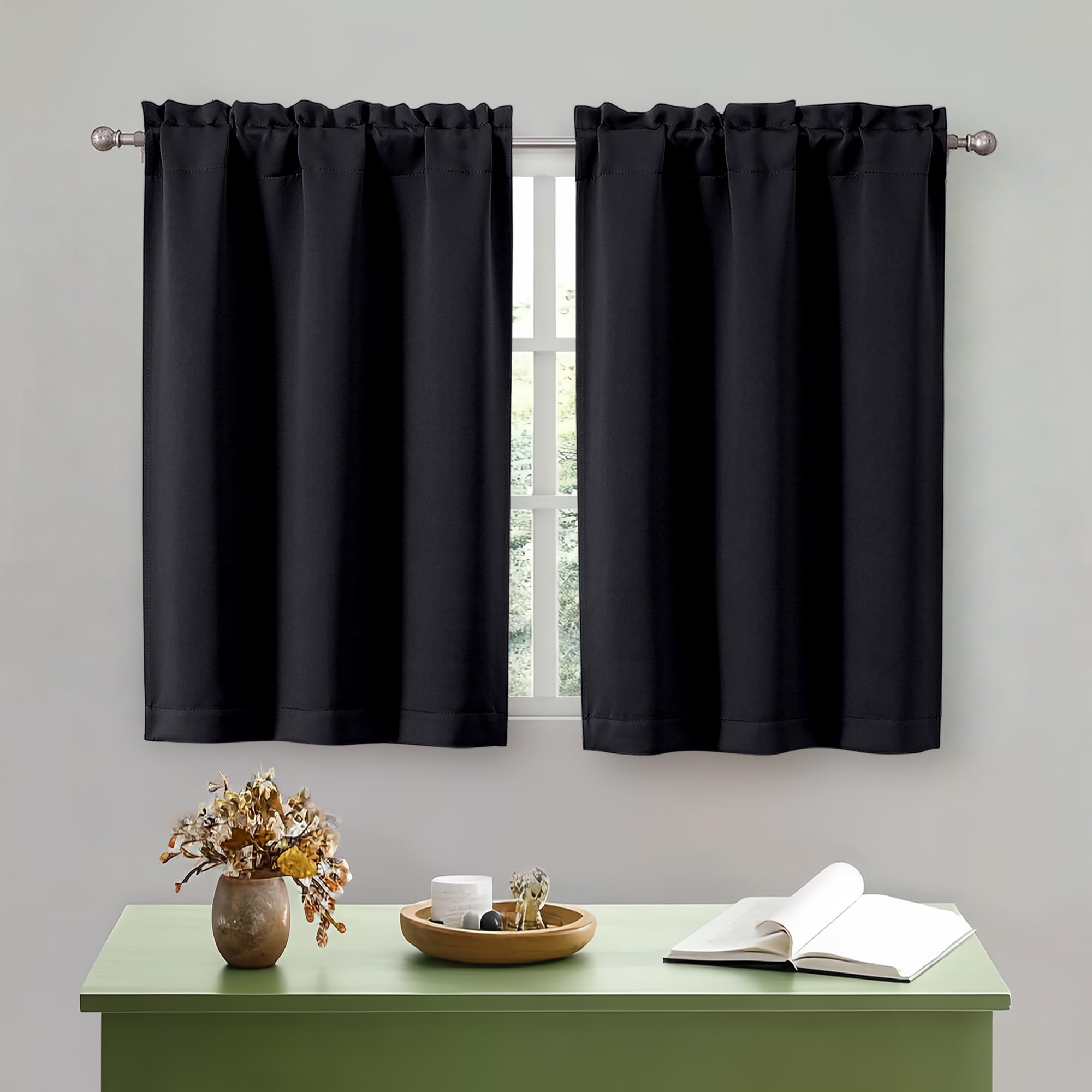 OWENIE Black Kitchen Curtains 36 Inch Length, Short Blackout Small Thermal Insulated Cafe Curtains Tier Over Sink Rod Pocket Half Window for Bathroom
