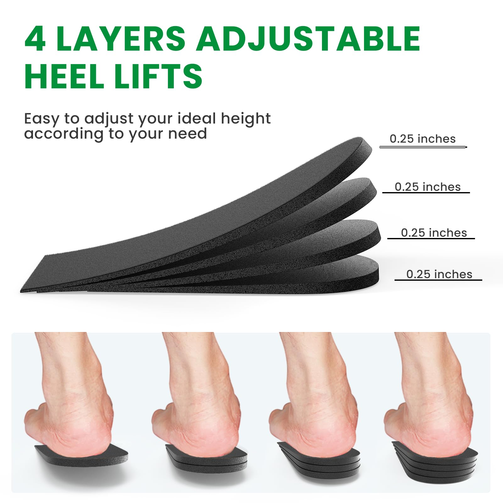 Bukihome Fersensporn Einlagen - Achillessehne Einlegesohlen - 4 Schicht verstellbare Fersenpolster für Plantar Fasciitis, Fersensporn, Ferseneinlagen (Schwarz,Groß:43-46)
