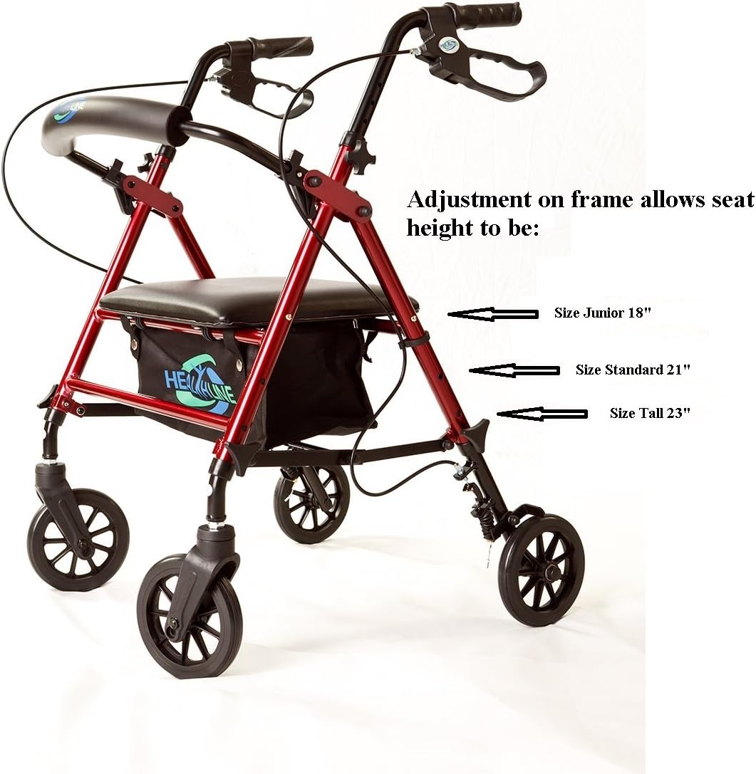 Super Light Rollator Lightweight Aluminum Folding Walker with Seat and Loop Brakes, 6" Wheels, Height Easy Adjustable by Legs and Arms, Red : Health & Household