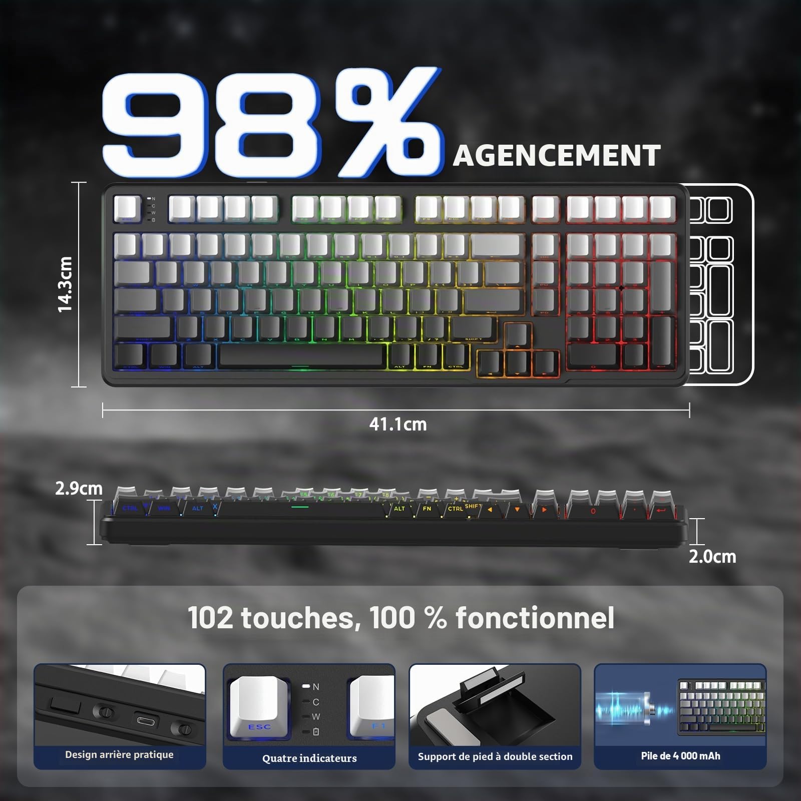 MAMBASNAKE x Attack Shark X98 Clavier mécanique sans Fil 102 Touches avec câble spiralé, 2,4 GHz, Bluetooth, USB-C, Switch linéaire remplaçable à Chaud, RGB, NKRO, Compatible Windows/Mac (Moonnight)