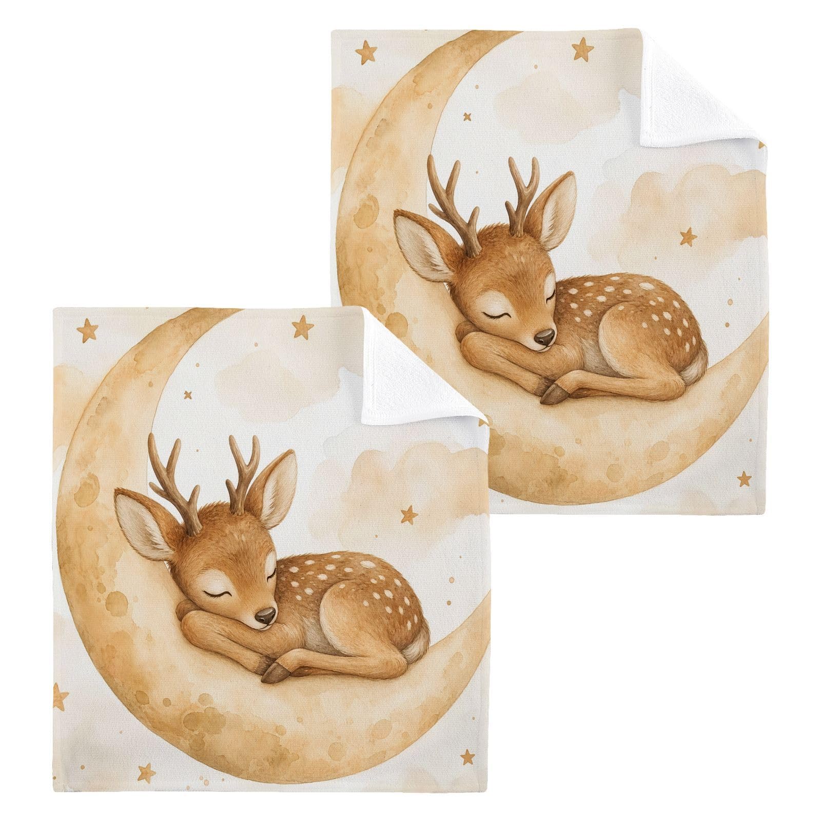 BOESI Moon Sleep Deer 12x12in Cotton Washcloth,Soft Absorbent Face Towel