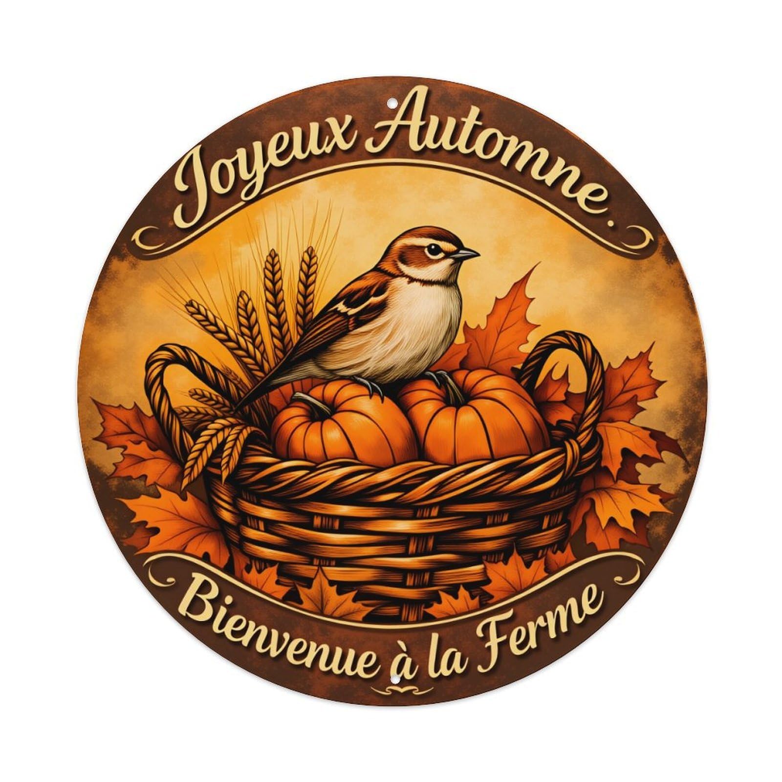 Autumn Bird Basket Pumpkins Leaves Vintage Metal Tin Sign Retro Wall Decor for Home Bar Garage Cafe, Indoor & Outdoor Decorative，circle Metal Poster, 8x8 Inch
