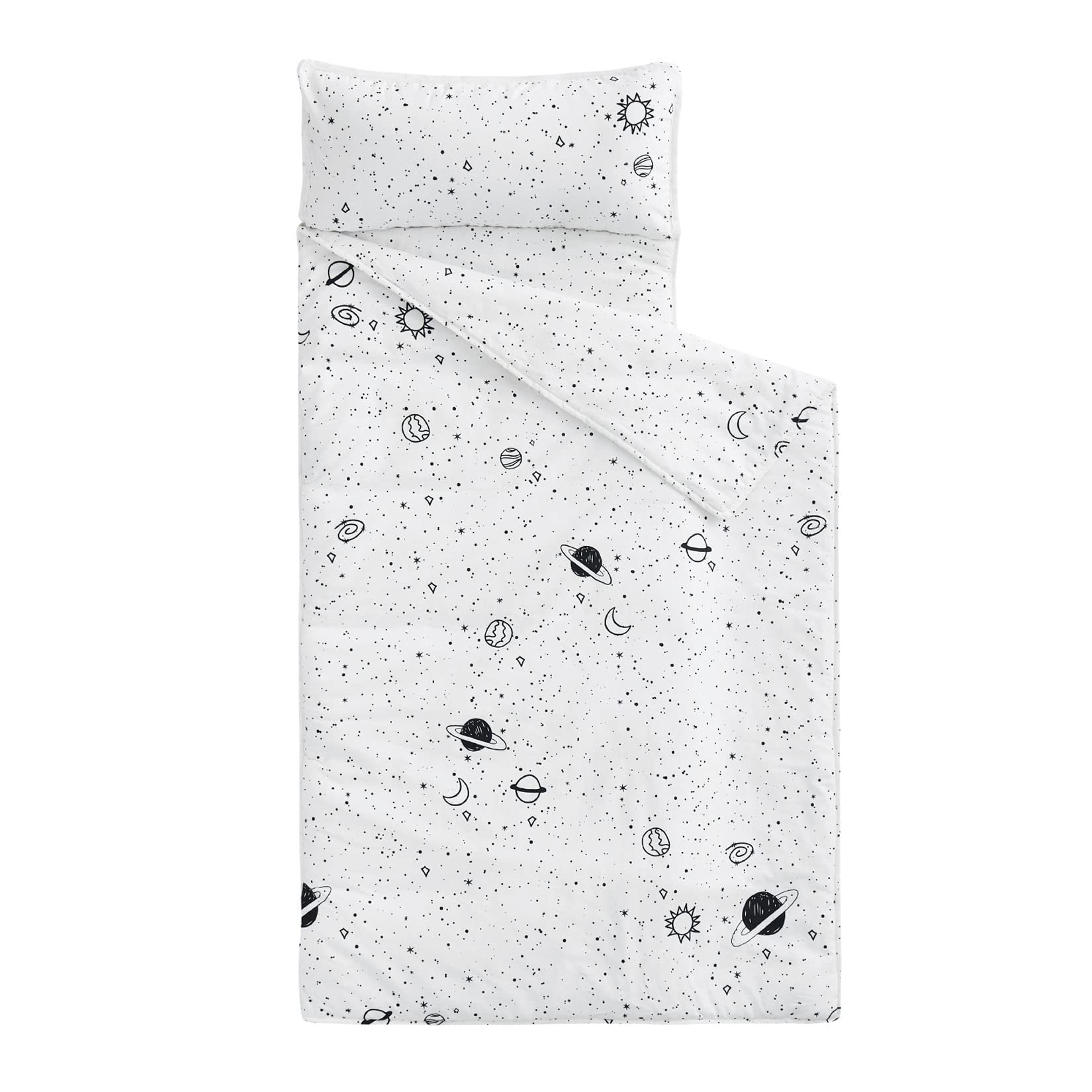 Wake In Cloud - Toddler Nap Mat with Pillow and Blanket, 100% Cotton Fabric, for Kids Boys Ages 3 Plus in Daycare Kindergarten Preschool, Roll Up Sleeping Bag, Galaxy Spaces, Black White, Extra Long