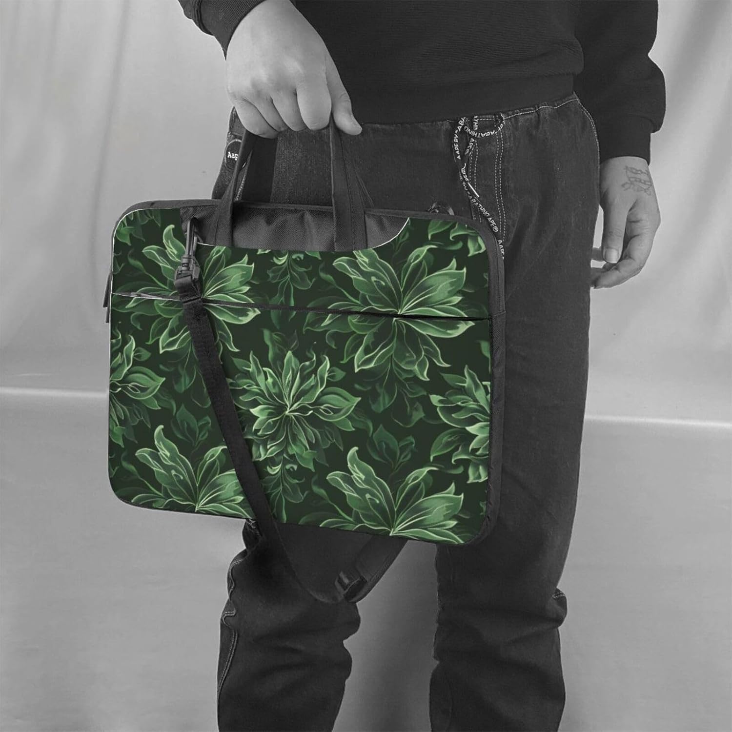 HUNTER Floral Pattern Laptop Bag Three Layer Protection Shockproof Crossbody Laptop Bag for Men Women Green