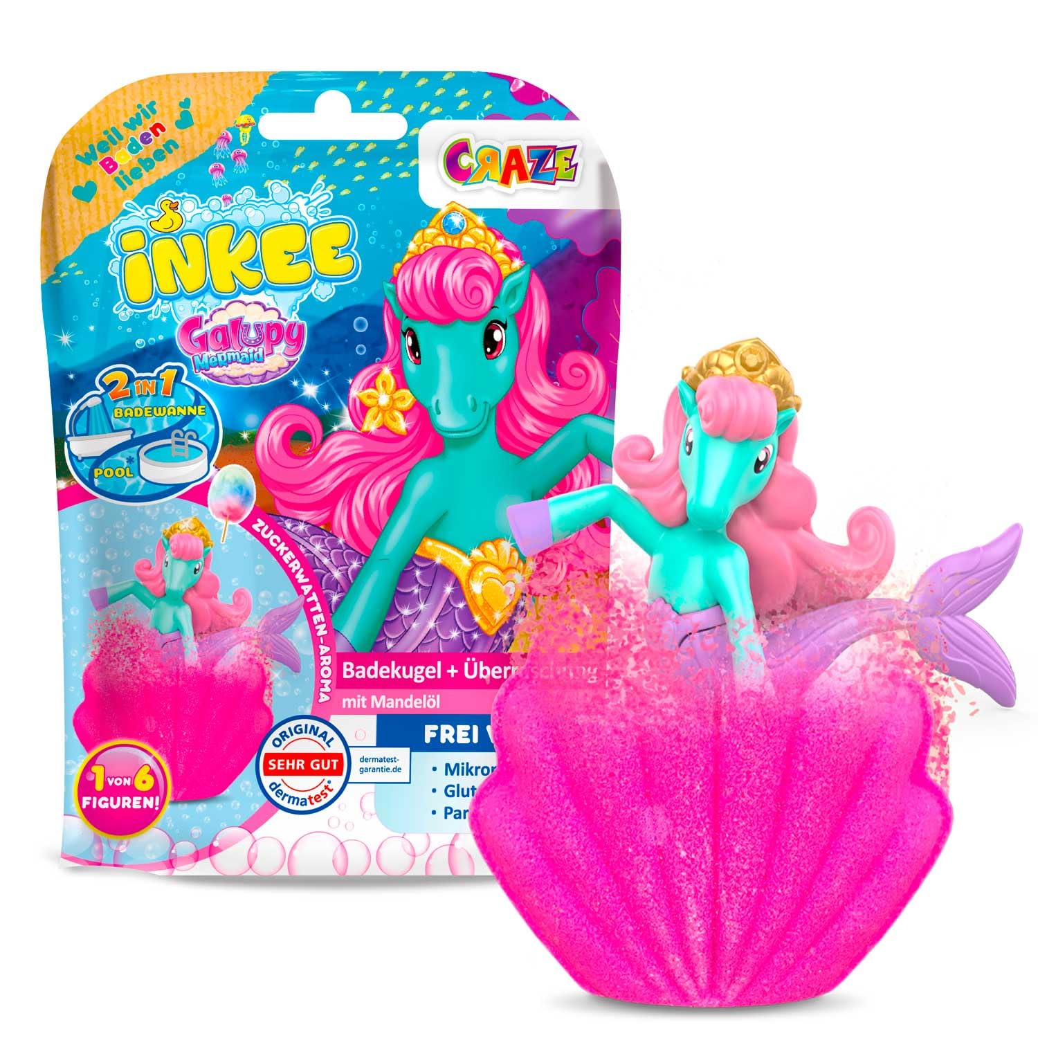 INKEE Children's Bath Bomb with Galupy Mermaid Surprise Figure, Bath Bombs with Toys Inside, Cotton Candy Scented Bath Bombs, Pink or Turquoise, 100g