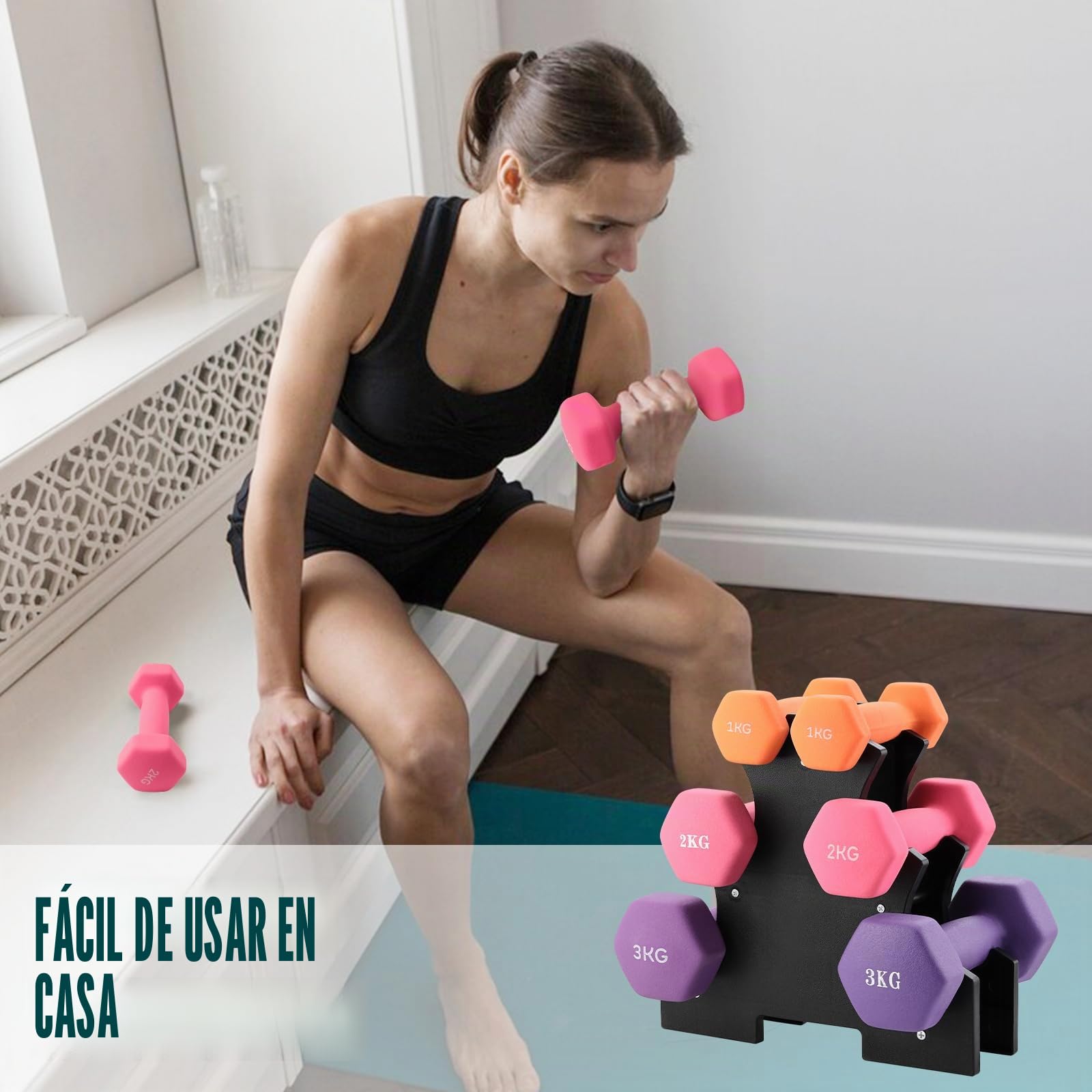 Juego de Mancuernas Hexagonales con Soporte,2 x Mancuernas 3/2/1.5/1kg, Pesas Gimnasio en Casa para Fitness, y Ejercicios de Fuerza y Tonificación, Mujeres y Hombres