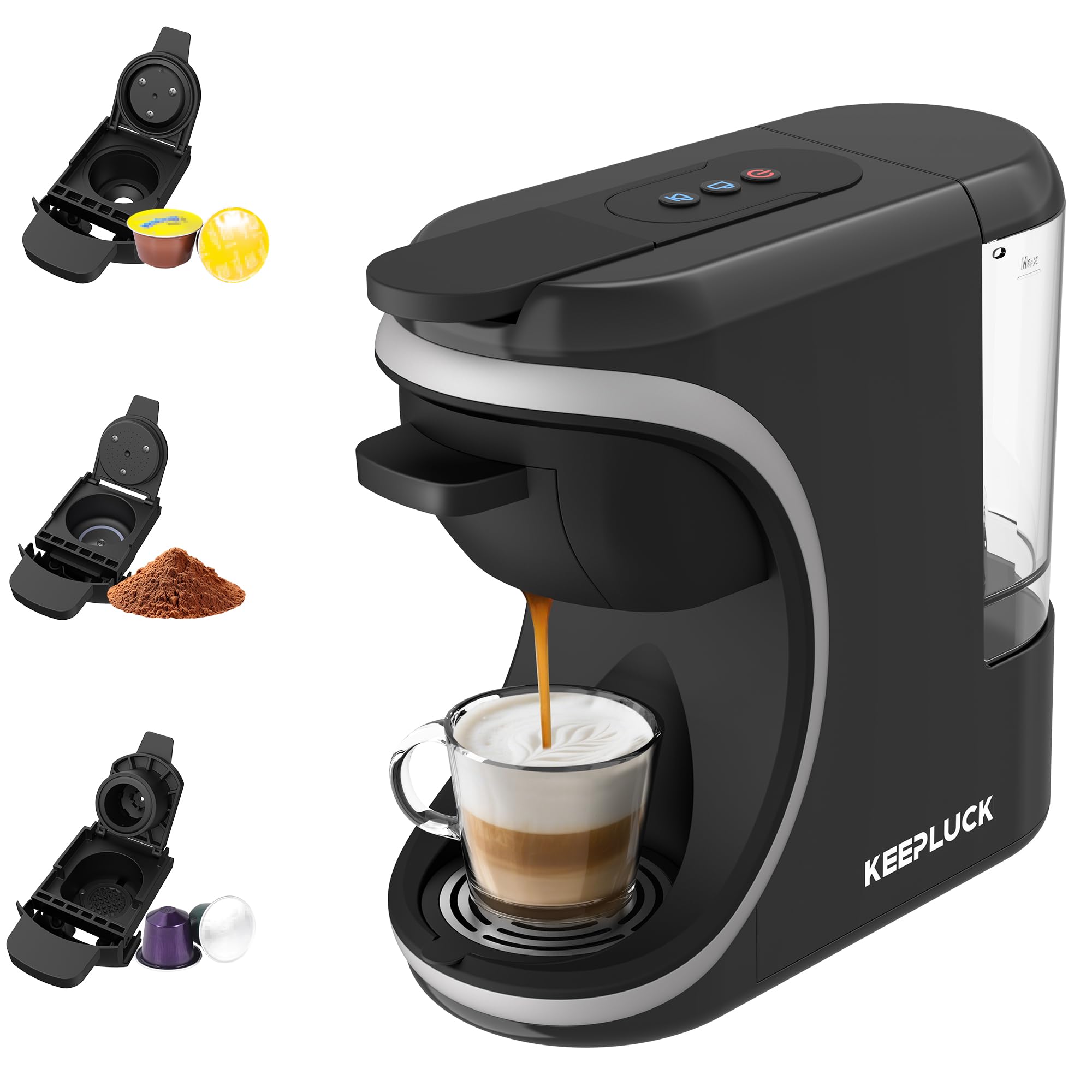 3 in 1 Coffee Pod Machine, 19 Bar Espresso Coffee Machine Compatible with Nespresso Original, Dolce Gusto and Ground Coffee, Programmable Cup Volume for Home Office, Essential