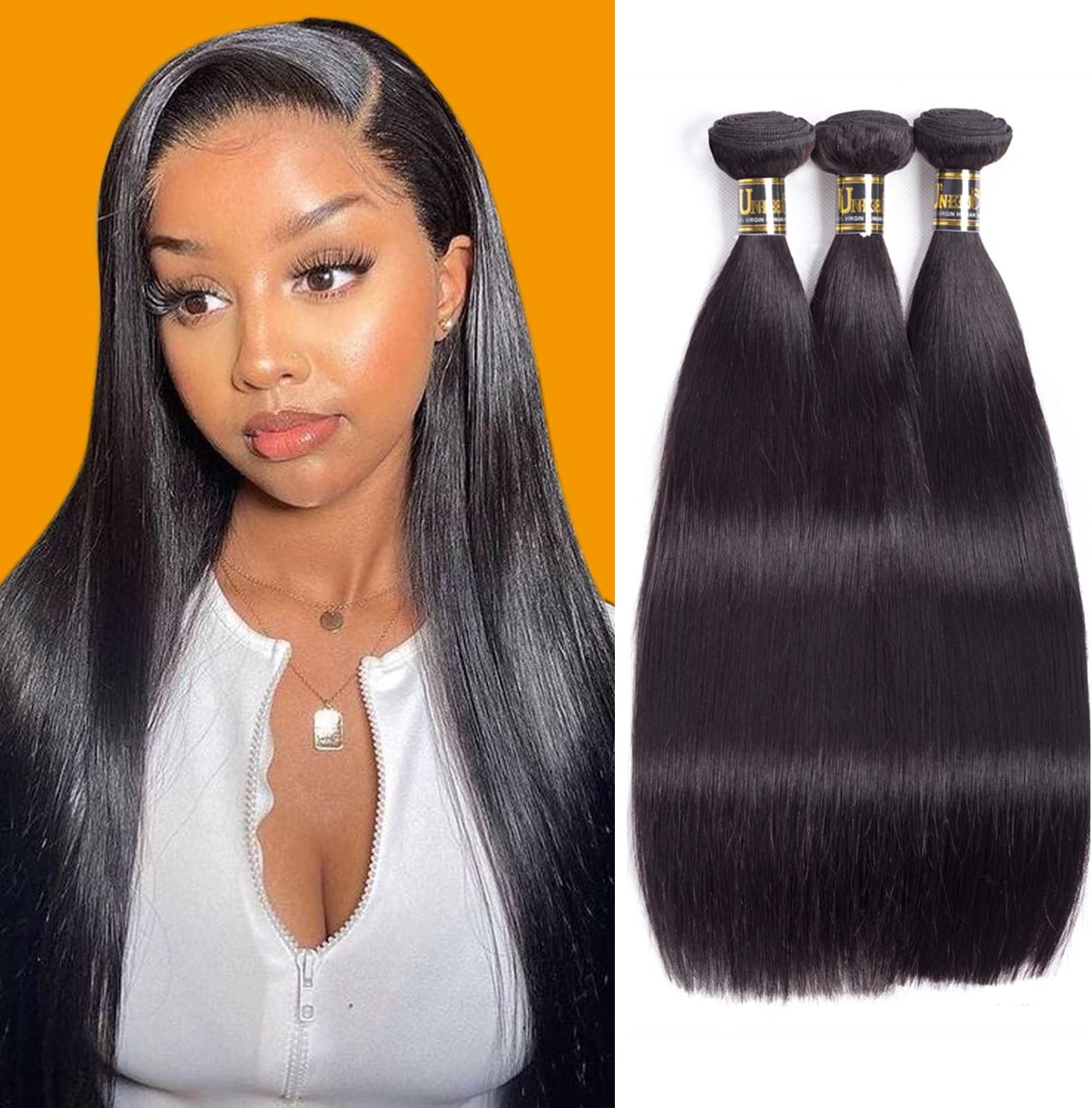 Uneed Hair 10A Brazilian Straight Hair Bundles(10 12 14,300gram)Unprocessed Virgin Human Hair Weave Brazilian Hair Weave Bundles Natural Black