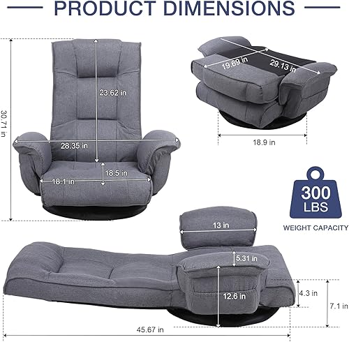 Vista 2 de Silla ergonómica de tela de lino, sofá cama reclinable de 6 posiciones con soporte lumbar, tumbona plegable con cojín grueso, reposabrazos