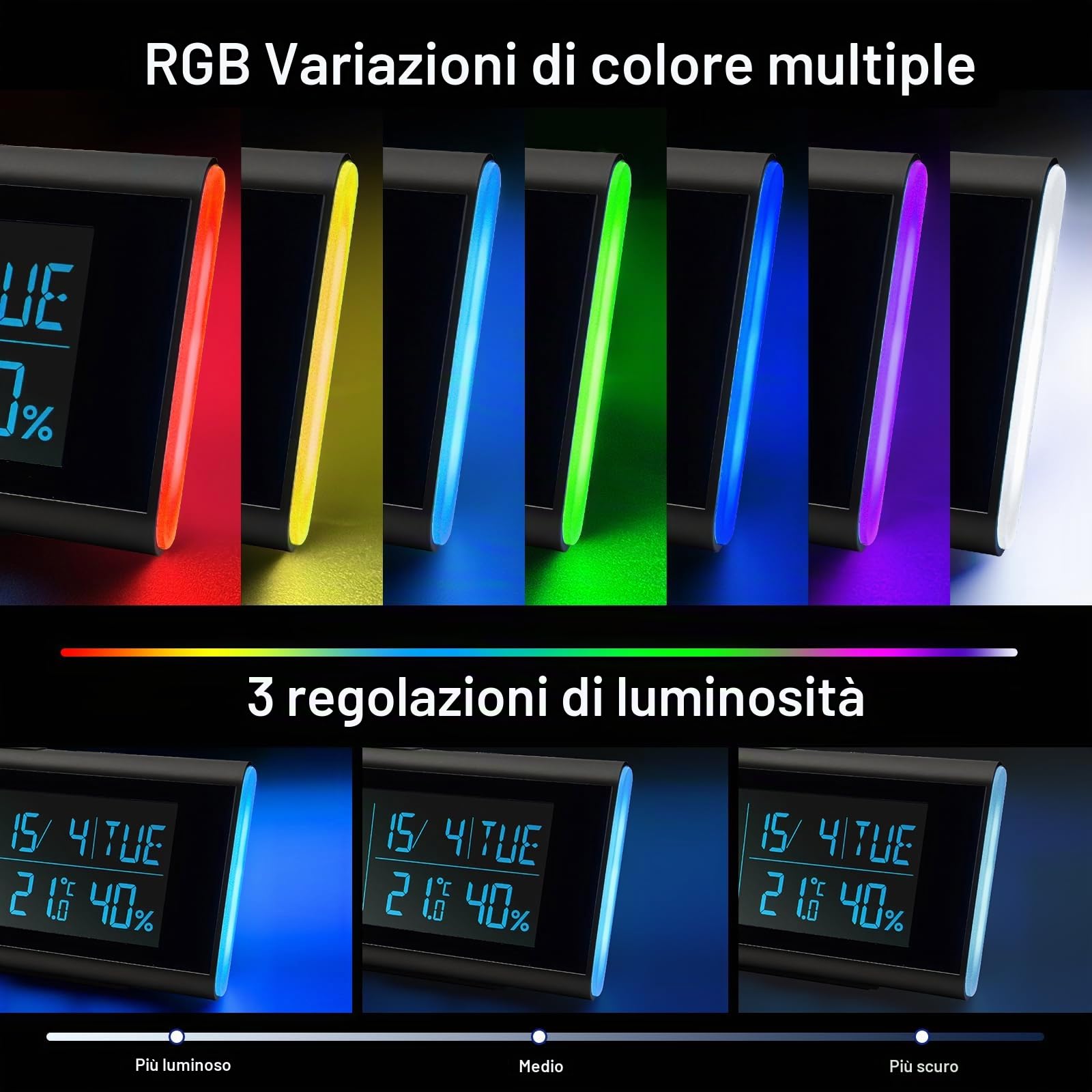 Seutgjie Sveglia Digitale da Comodino con Luce RGB Secondi Data Settimana Temperatura Umidità VA Display DST Funzione doppio allarme Modalità Snooze Formato per Scrivania Camera da Letto Ufficio