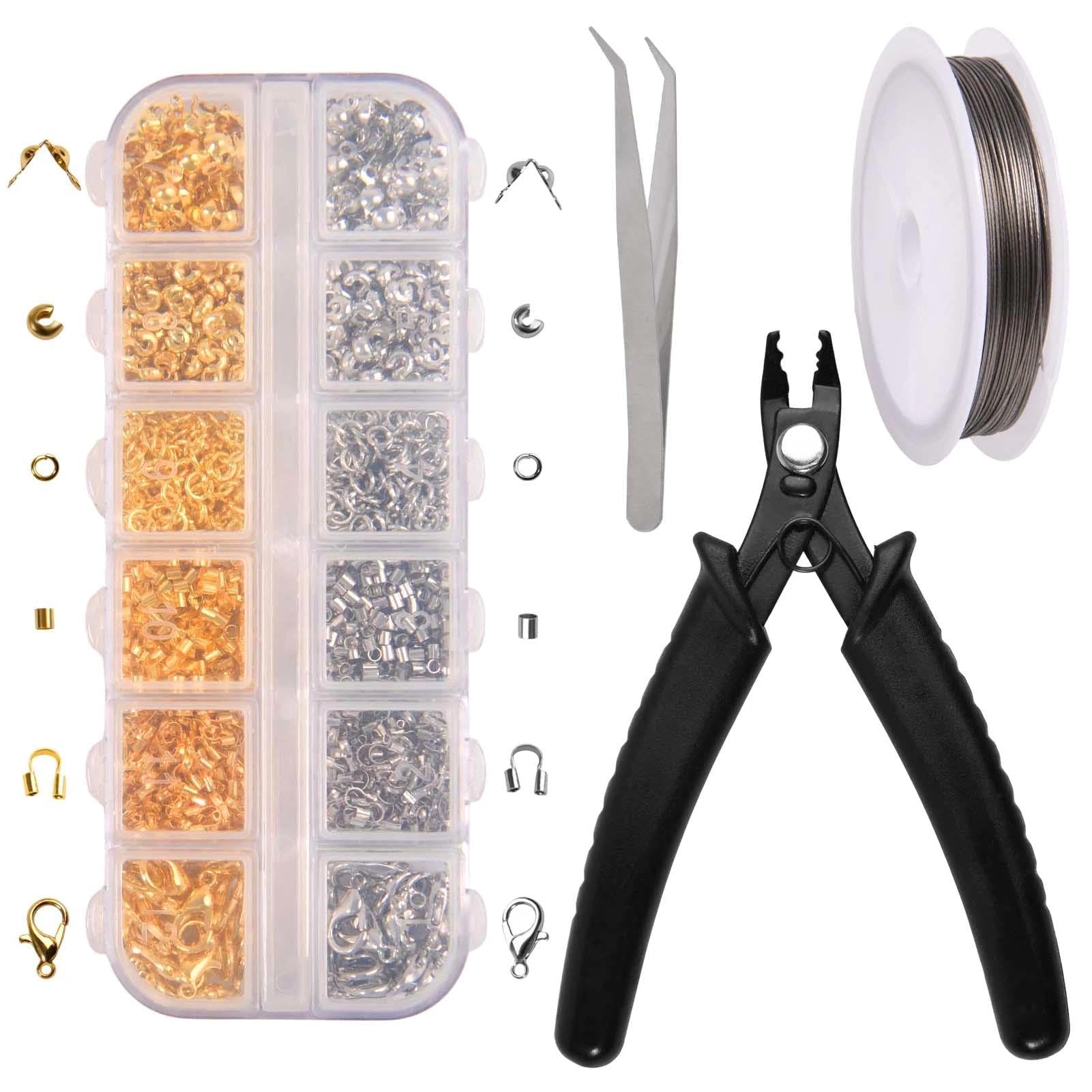 LEONTOOL 1200 Pcs Crimp Beads Kit for Jewelry Making, Including Crimp Beads, Crimps Covers, Crimps Tubes and Wire Guardians, Lobster Clasps, Jump Rings, Crimping Pliers, Beading Wire and Tweezer