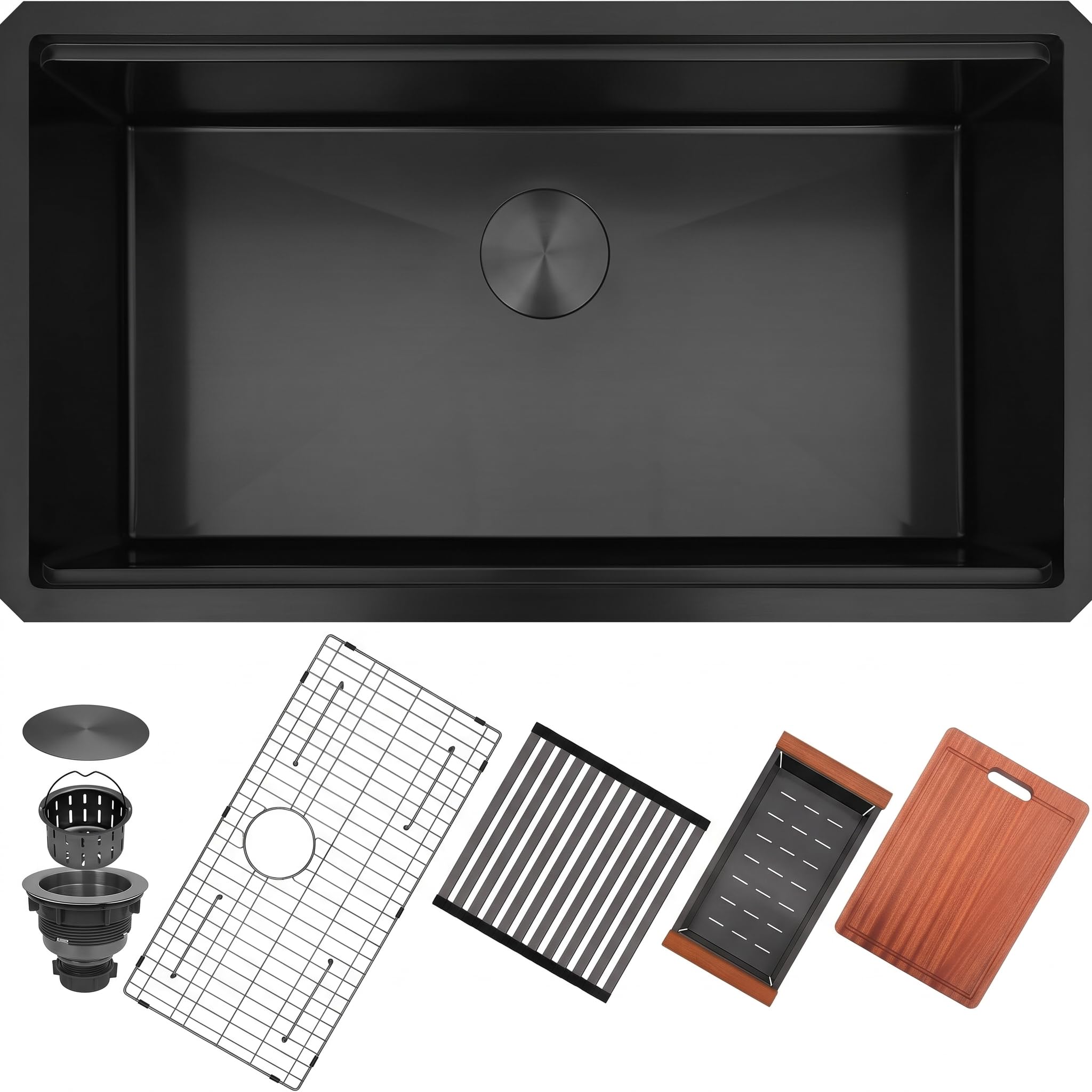 LQS Undermount Kitchen Sink 32 x 18, Large Black Undermount Kitchen Sink, Deep Single Bowl Sinks, Top-Grade 16 Gauage Stainless Steel Nano PVD Material with Round Corner and X-Shape Drain Line