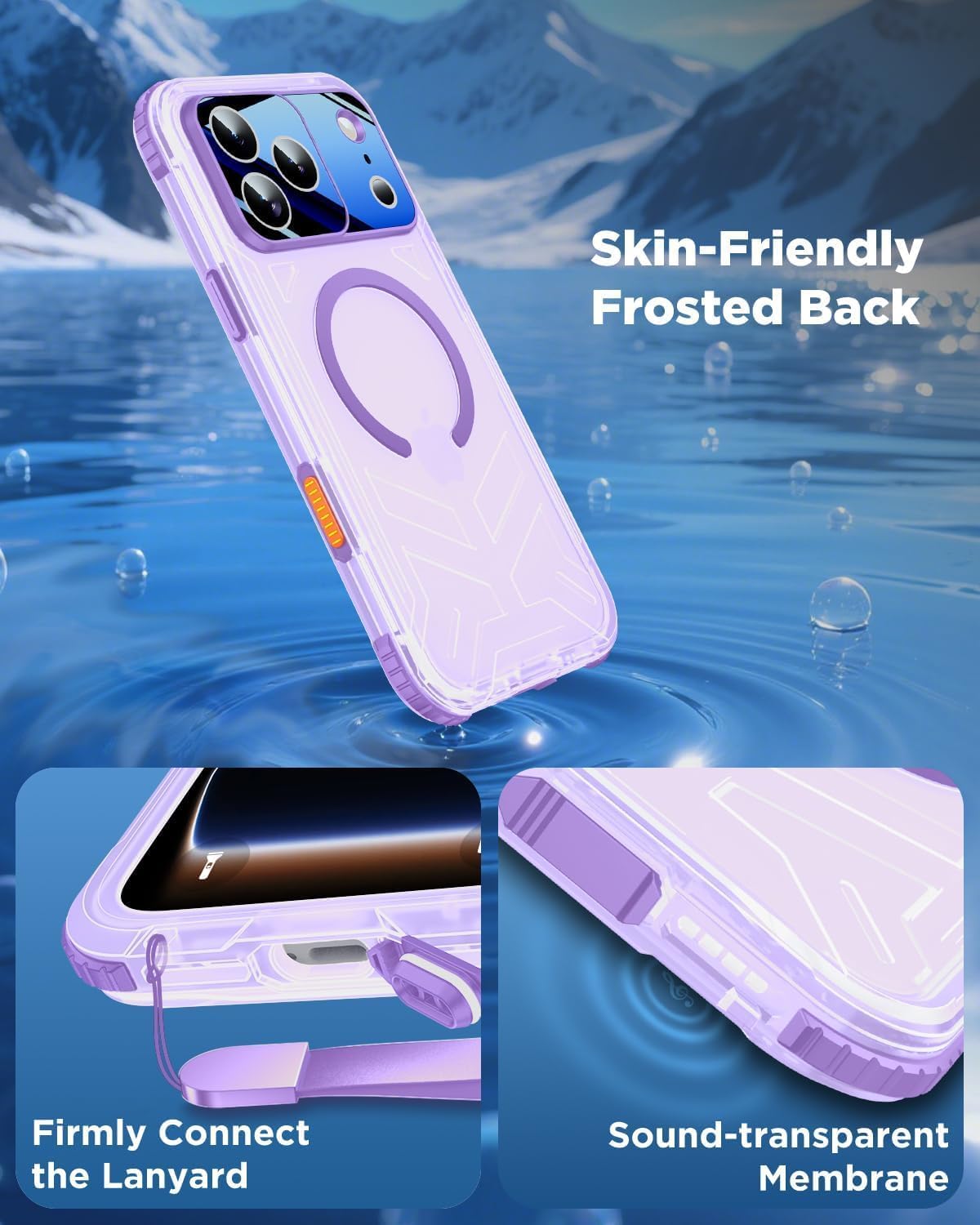 for iPhone 17 Pro Waterproof Case Magnetic, Built in Camera Control [Screen Protector] [Lanyard], Fit for Magsafe Heavy Duty Military Rugged Full Body IP68 Phone Case, 6.3" Frosted Purple - Image 5