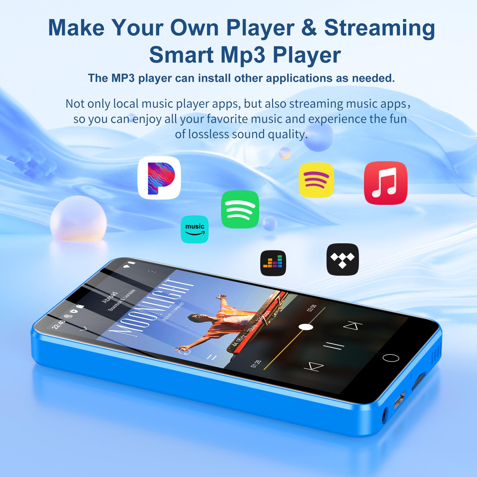 Lettore MP3 Diofox 80GB con Bluetooth e Wi-Fi, Lettore MP3 Android Spotify, Amazon Music, Audible, Lettore MP4 con touchscreen da 4 pollici, Musica in streaming, Play Store, Radio FM, Deezer - Blu