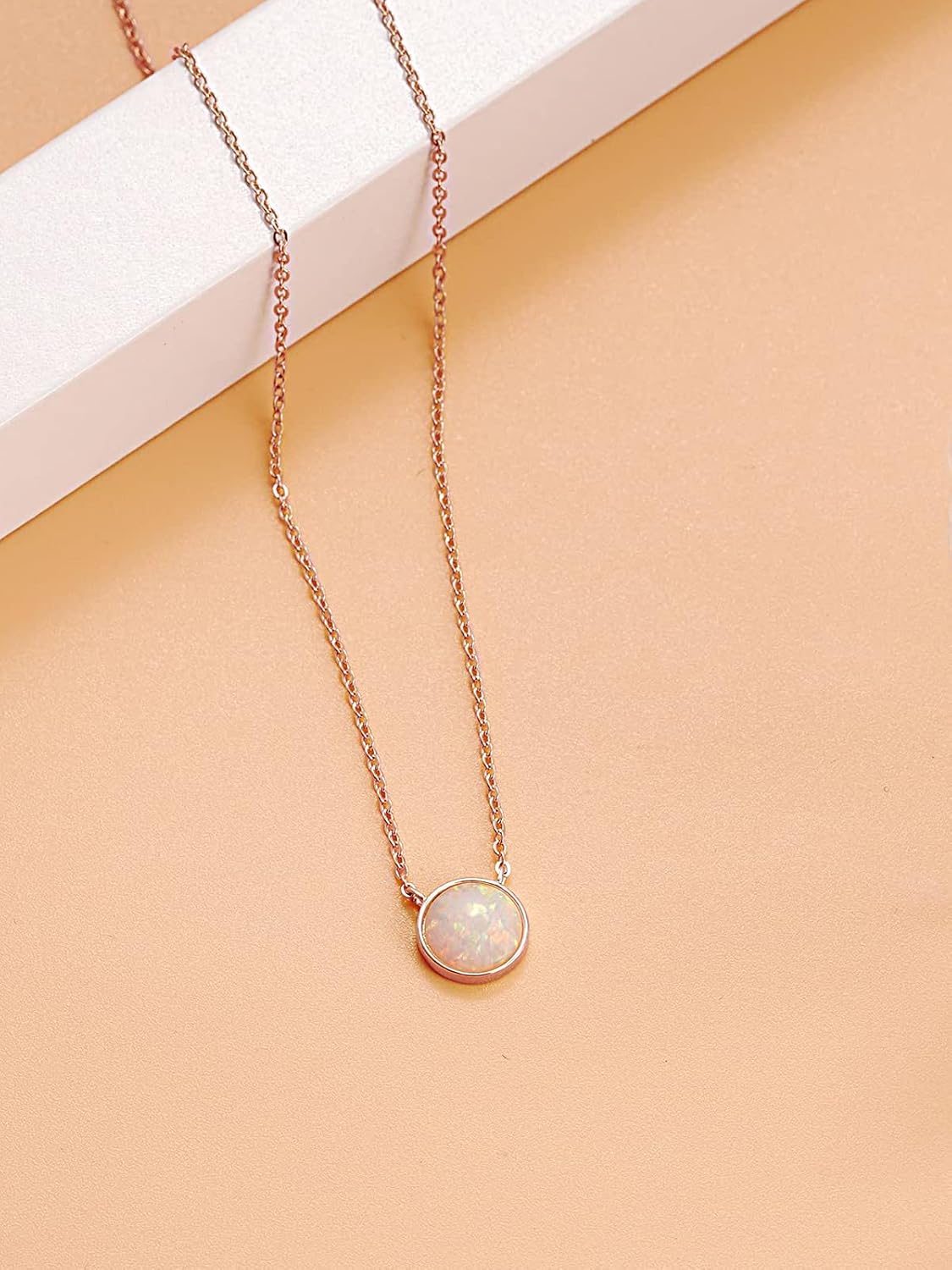 TANGPOET Dainty 8mm Opal Necklace for Women 925 Sterling Silver Circle Pendant Necklace Lab Created Opal Jewelry Gift for Birthday with 18"+2" Chain - Image 4