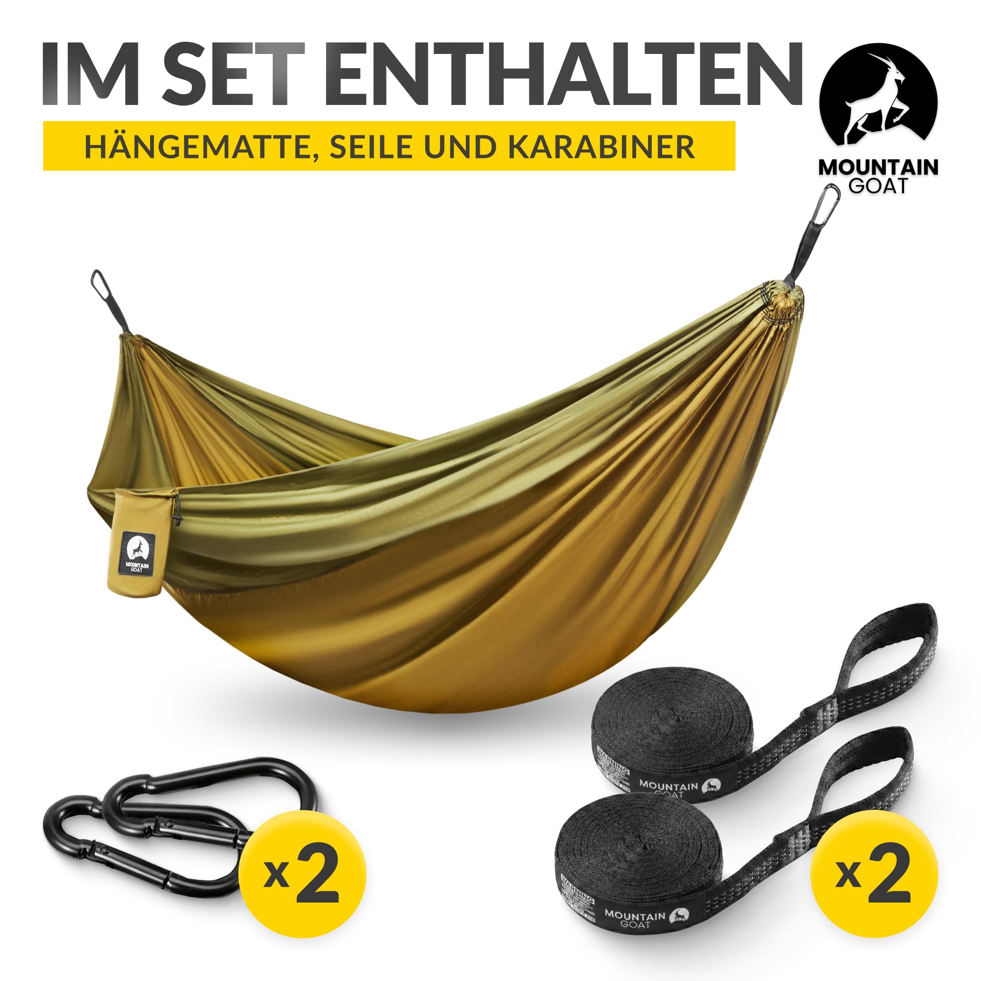 MOUNTAIN GOAT Hängematte Outdoor für 2 Personen, 300 × 200 cm, Doppelhängematte mit Befestigungs-Set, Nylon Camping Reisehängematte, 200 kg Belastung, Grün