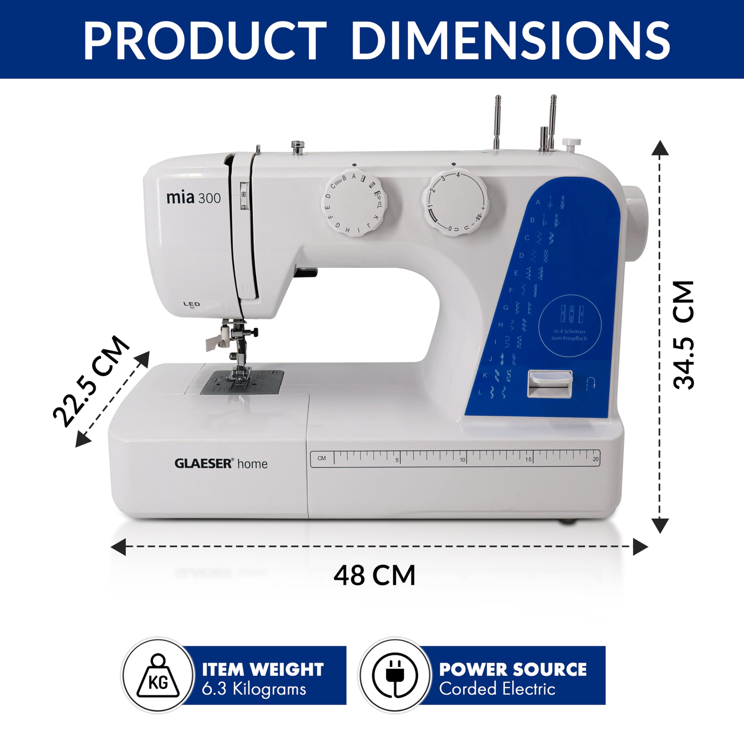 GLAESER® Home Mia 300 Nähmaschine Easy für Anfänger mit Automatischer Einfädler, 24 Stich-Varianten, Kinderleichte Bedienung