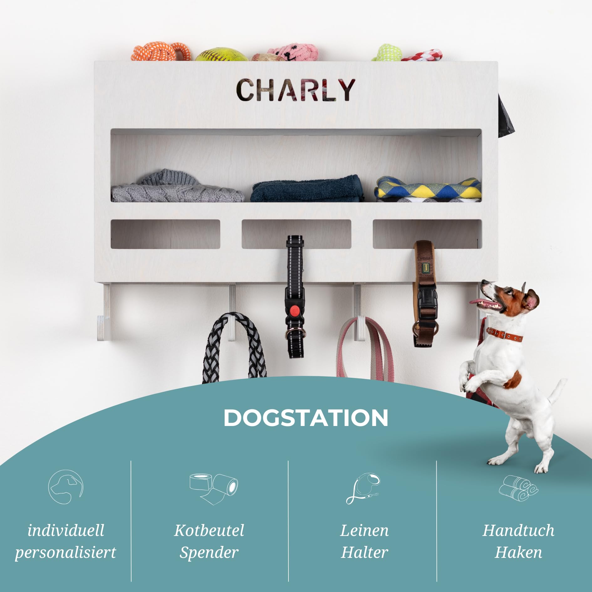INEXTERIOR – Hundegarderobe XXL personalisierbar mit Ablage & Leinenhalter in Grau - Hundezubehör Dogstation für Hundeleinen, Spielzeug & Leckerlis aus Birkenholz - Mit Kotbeutelspender & Montagekit