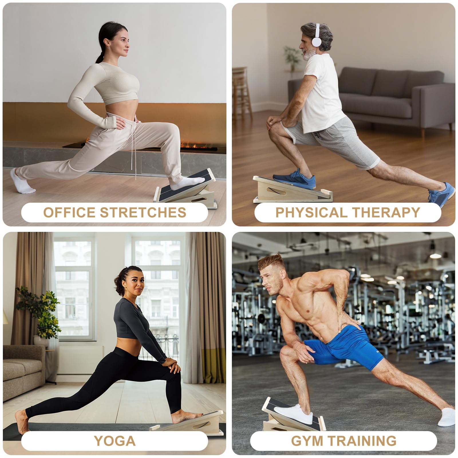 Qingning 2 en 1 Tabla de Equilibrio & Tabla Inclinada,Ajustable Profesional | Tabla de Ejercicios de Madera Fitness para Estiramientos de Pantorrillas, Tobillos, Piernas y Sentadillas