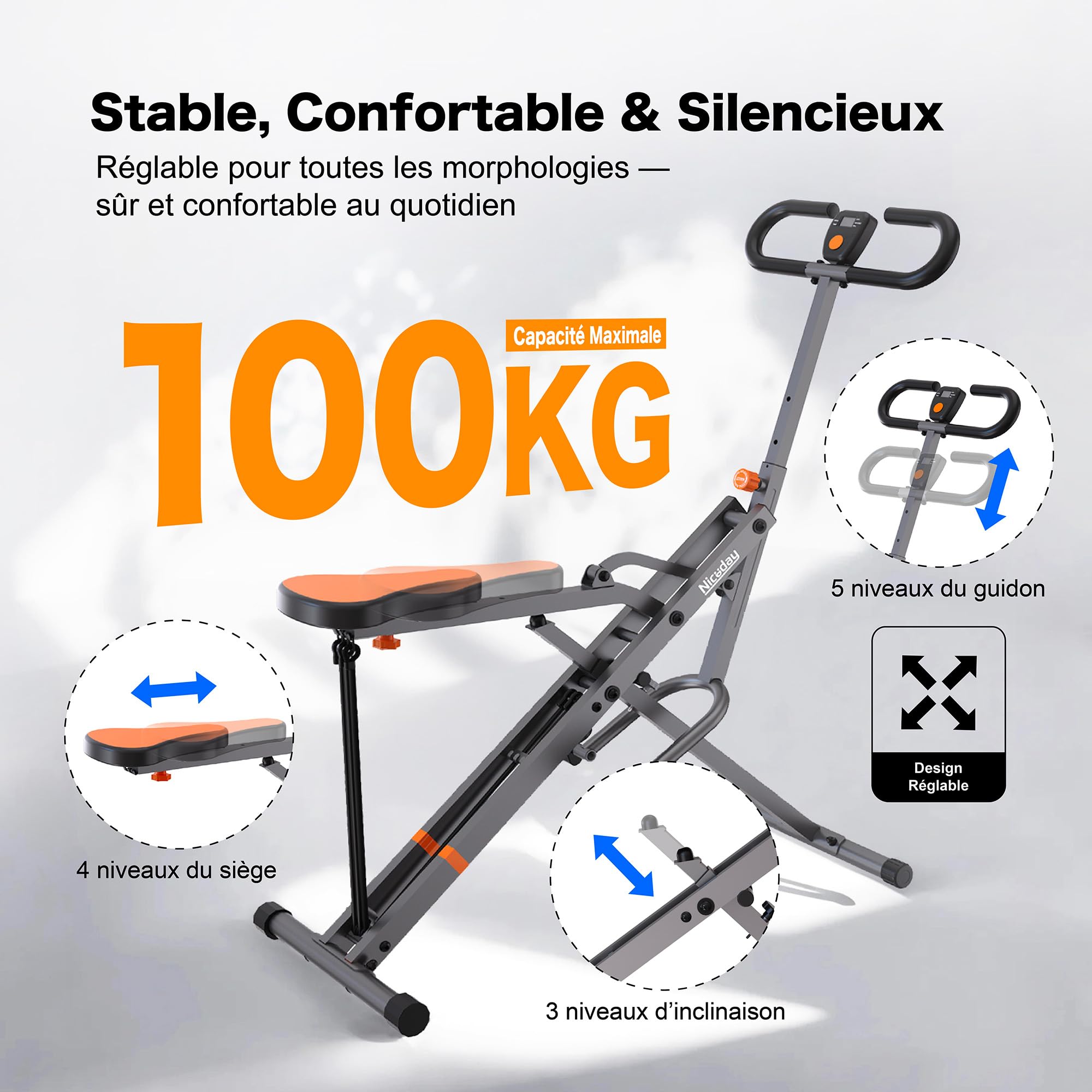Niceday Machine à Squats 4-en-1 & Rameur Pliable - avec Écran LCD et Bandes de Résistance - Appareil de Fitness Maison pour Fessiers, Jambes et Cardio - Compact et Silencieux