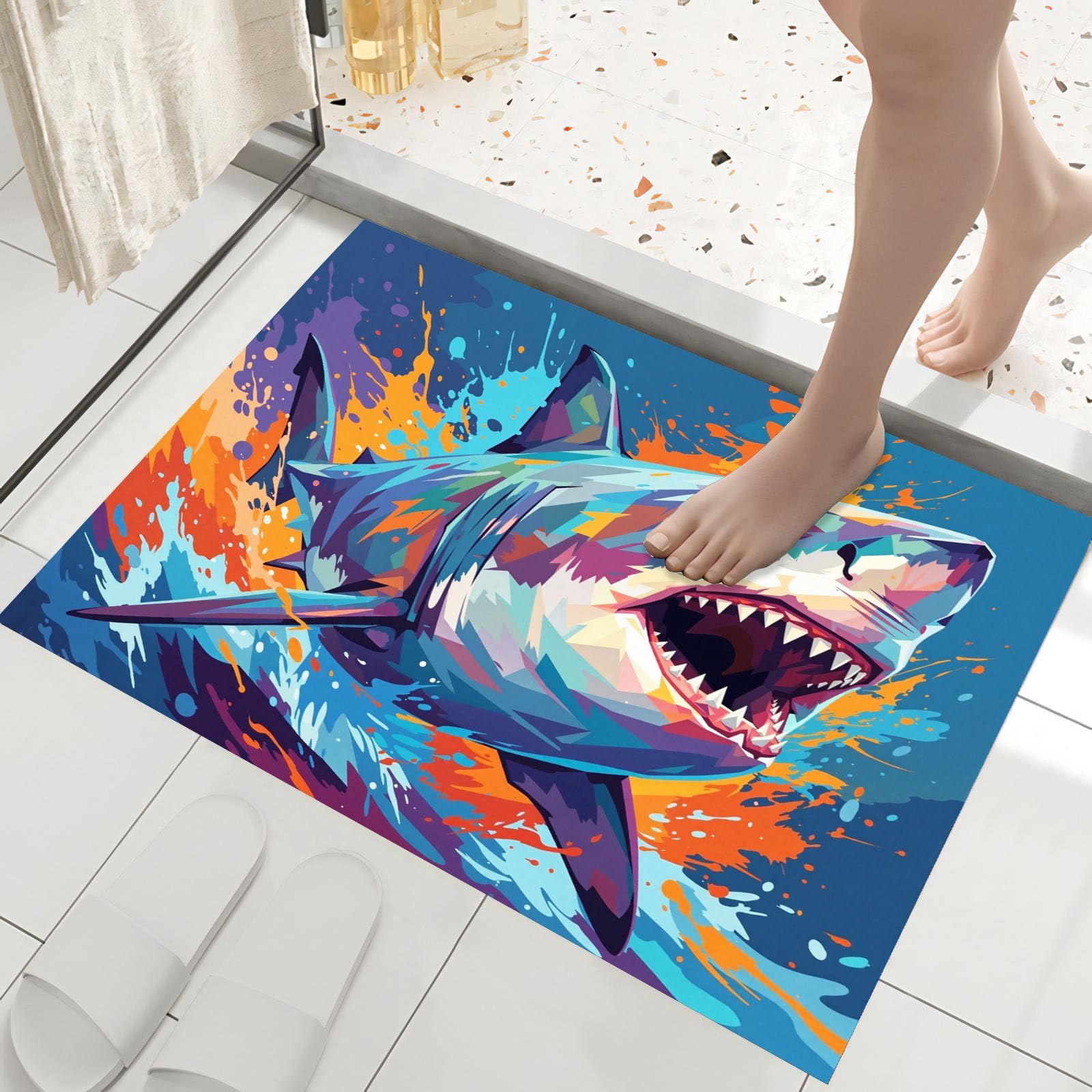 Tapis de sol requin géométrique bleu marine pour entrée, salon et cuisine