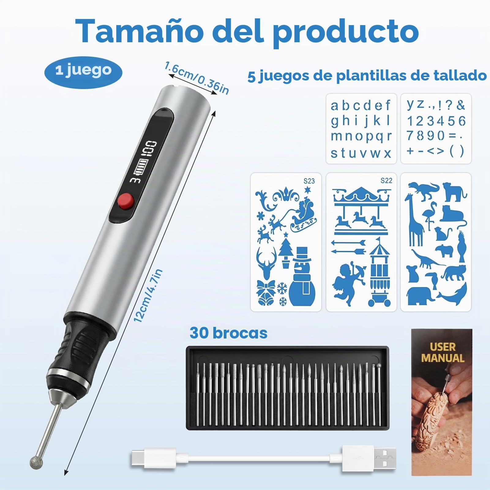 Pino de Grabado Eléctrico con 30 Bits, Mini Bolígrafo Grabador Eléctrico | Regulador de 3 Velocidades Hasta 25.000 U/min, USB Carga, para Joyería, Metal, Madera, Vidrio, Plástico, para Bricolaje