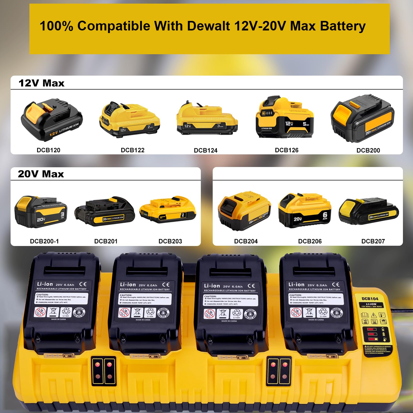 4-Ports Rapid Charger Replacement for Dewalt 12v 20v Max Battery Charger Station DCB104, Compatible with Dewalt 12V 20V Max Lithium Battery DCB120 DCB127 DCB200 DCB206