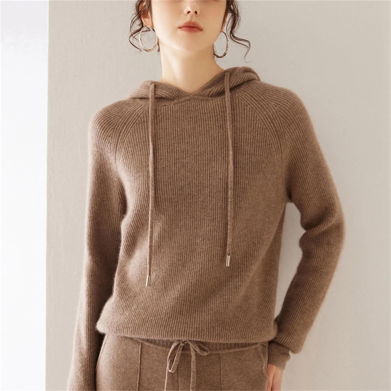 Pullover con cappuccio da donna Maglione in cashmere di capra Casual Moda Cashmere Maglieria Primavera Inverno Felpa con cappuccio Beige, Beige, L